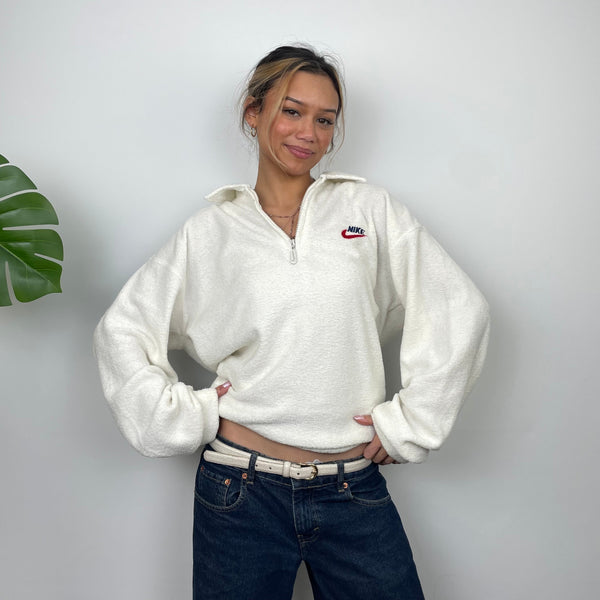 Nike RARE White Embroidered Spell Out Teddy Bear Fleece Quarter Zip Sweatshirt (L)