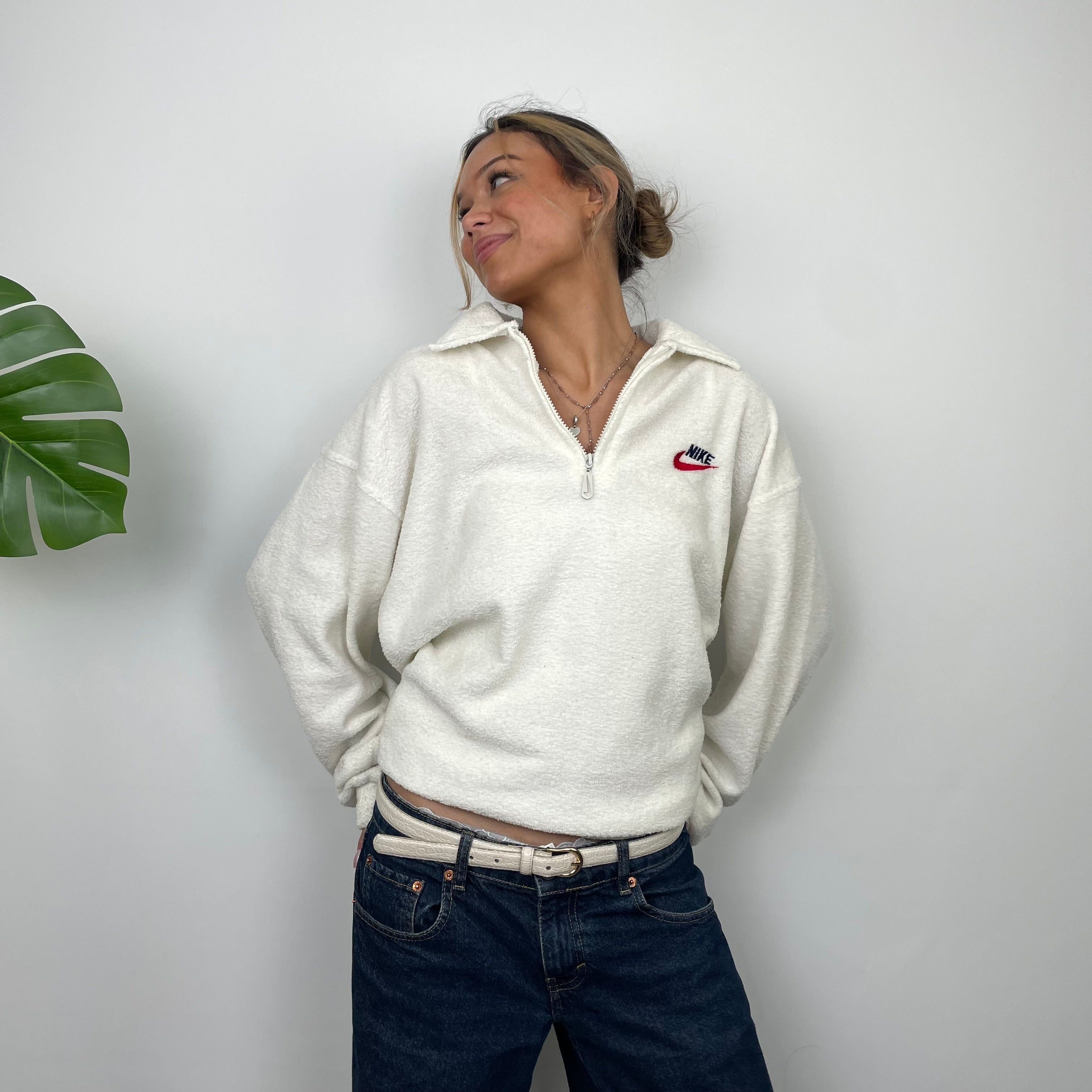Nike RARE White Embroidered Spell Out Teddy Bear Fleece Quarter Zip Sweatshirt (L)