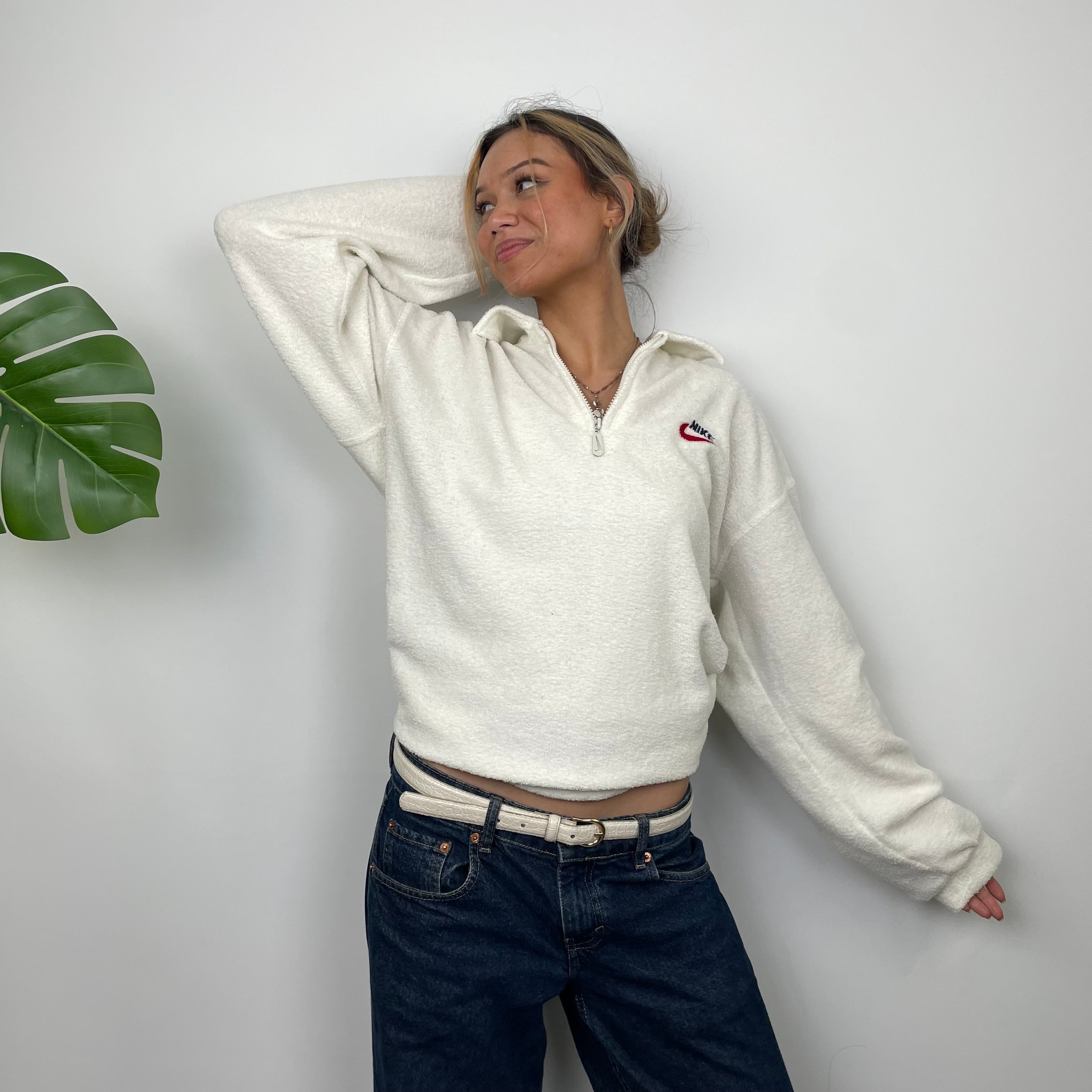Nike RARE White Embroidered Spell Out Teddy Bear Fleece Quarter Zip Sweatshirt (L)