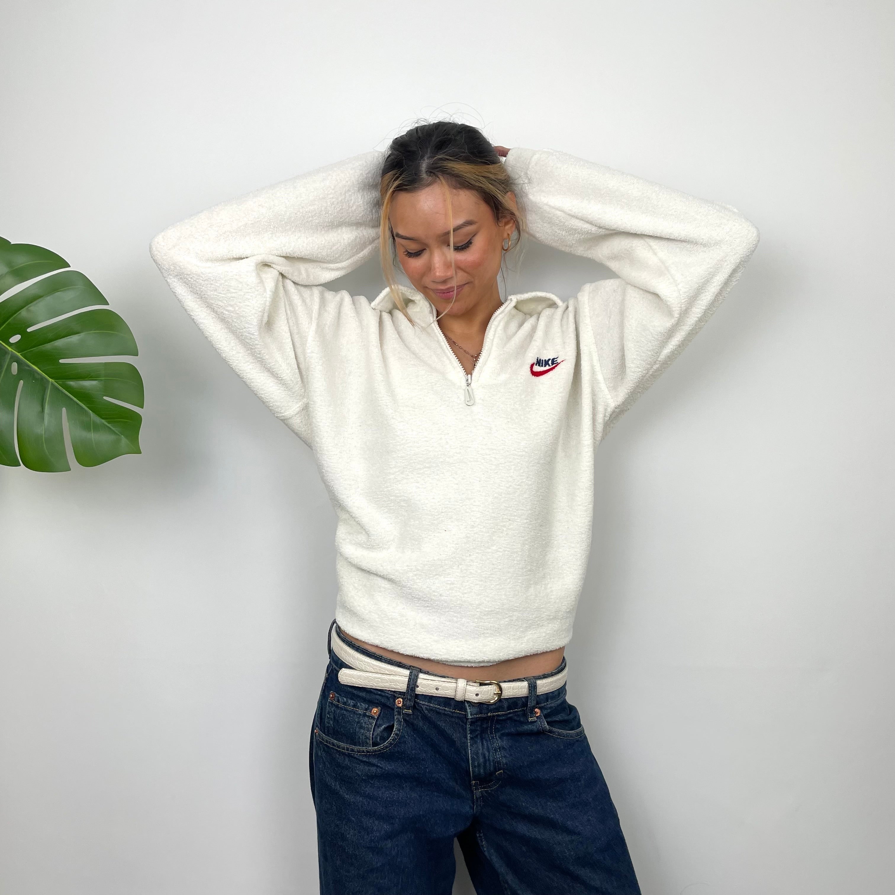 Nike RARE White Embroidered Spell Out Teddy Bear Fleece Quarter Zip Sweatshirt (L)