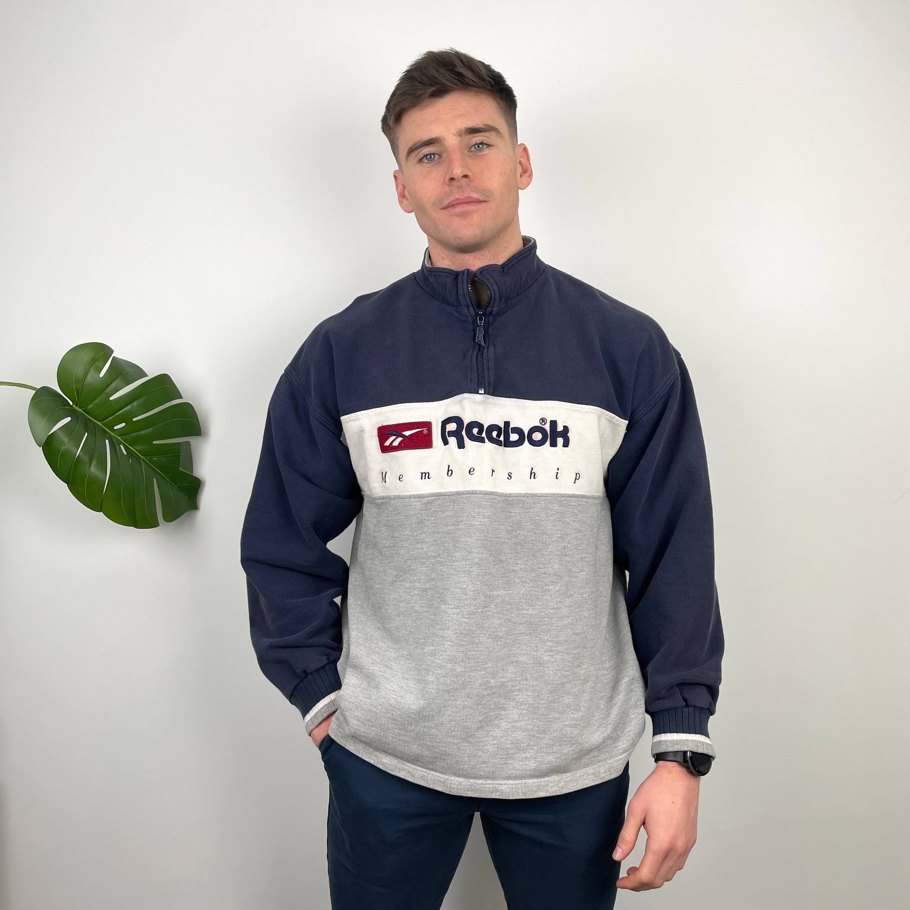 Reebok Membership RARE Black and Grey Embroidered Spell Out Quarter Zip Sweatshirt (M)