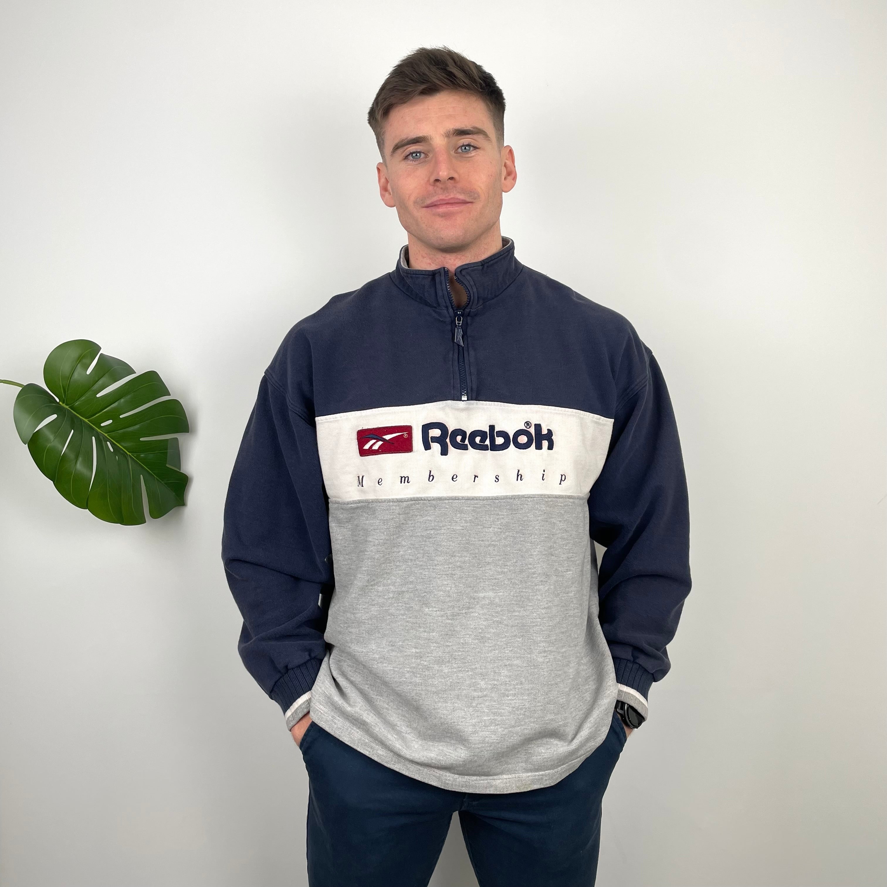 Reebok Membership RARE Black and Grey Embroidered Spell Out Quarter Zip Sweatshirt (M)