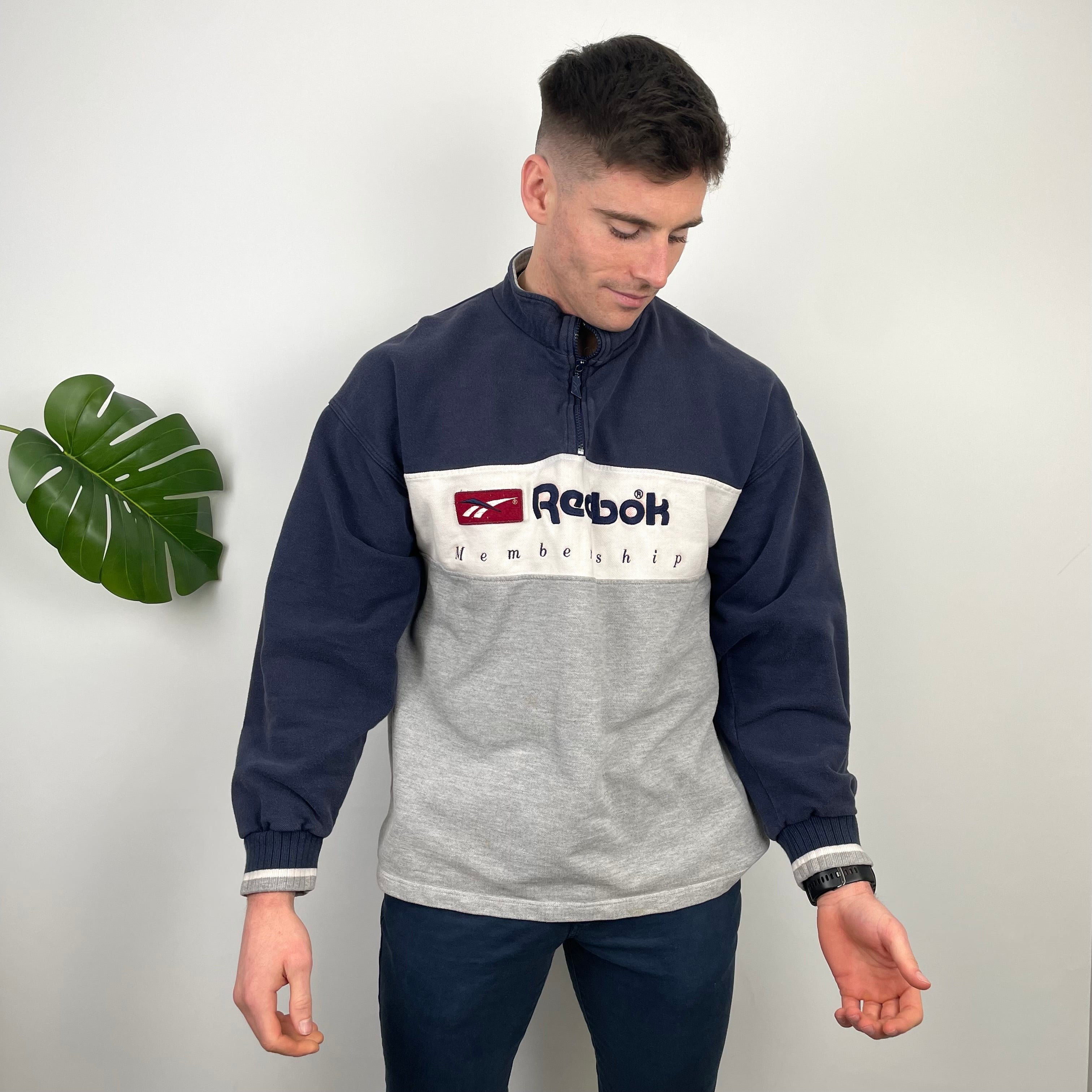 Reebok Membership RARE Black and Grey Embroidered Spell Out Quarter Zip Sweatshirt (M)