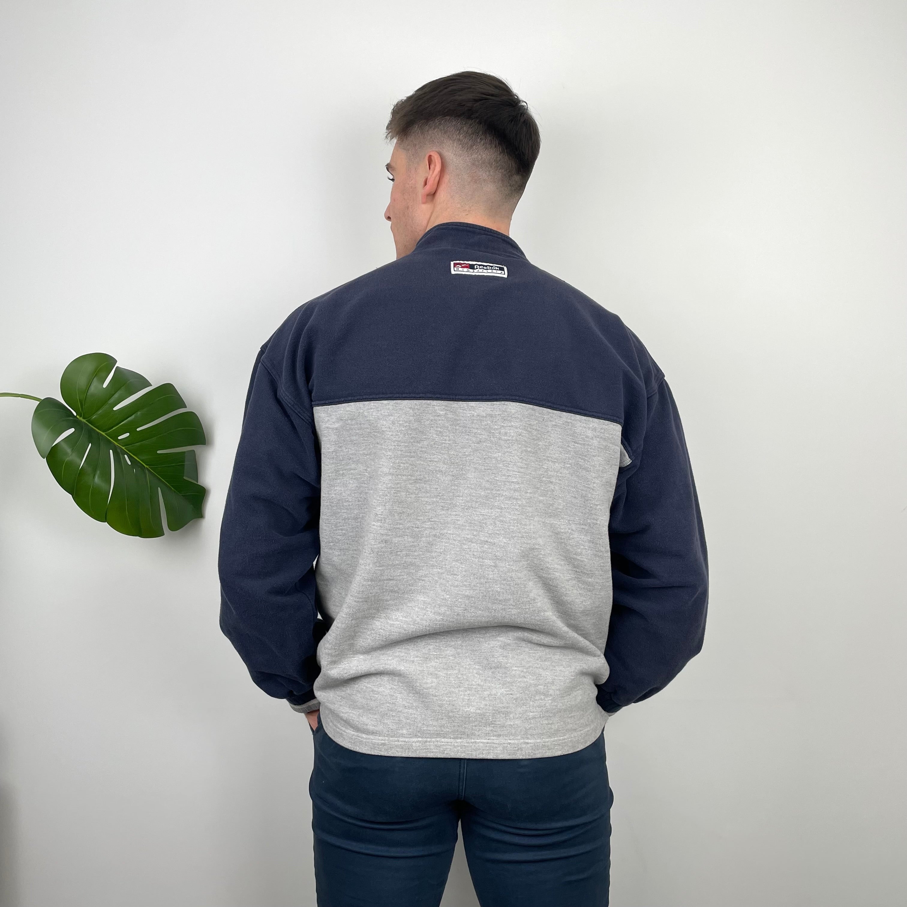 Reebok Membership RARE Black and Grey Embroidered Spell Out Quarter Zip Sweatshirt (M)