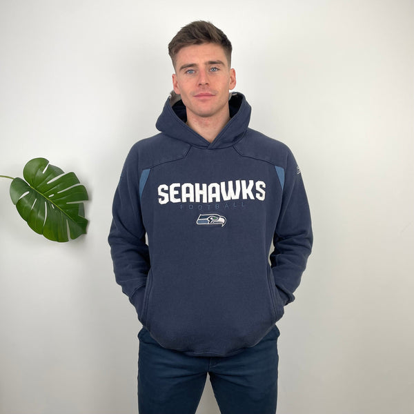 NFL Seattle Seahawks Navy Embroidered Spell Out Sweatshirt (M)