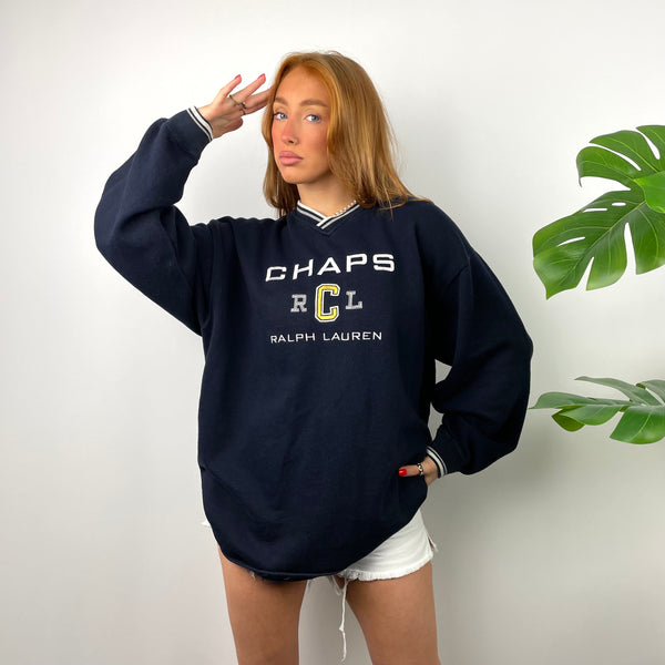 Chaps Ralph Lauren RARE Navy Embroidered Spell Out Sweatshirt (L)