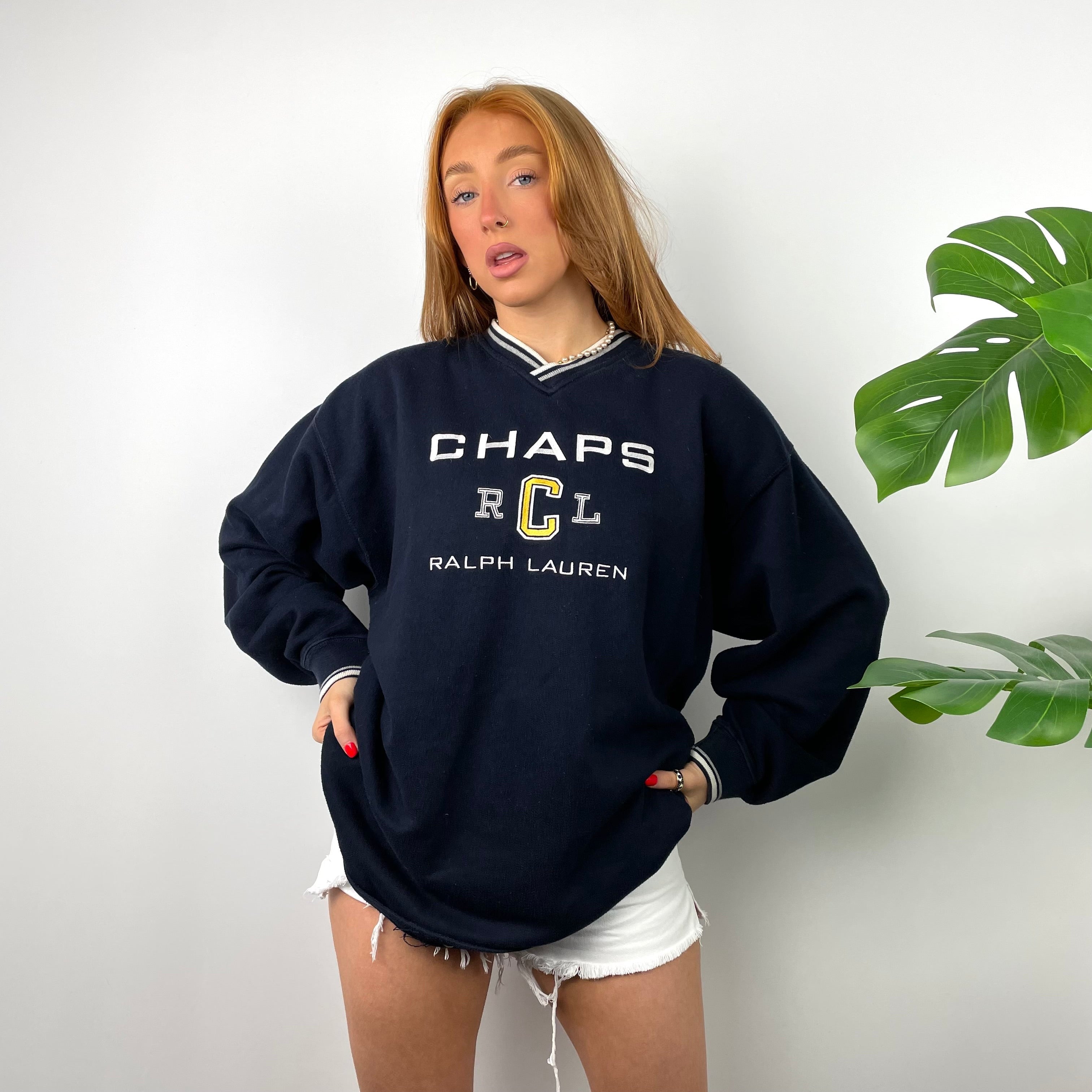Chaps Ralph Lauren RARE Navy Embroidered Spell Out Sweatshirt (L)