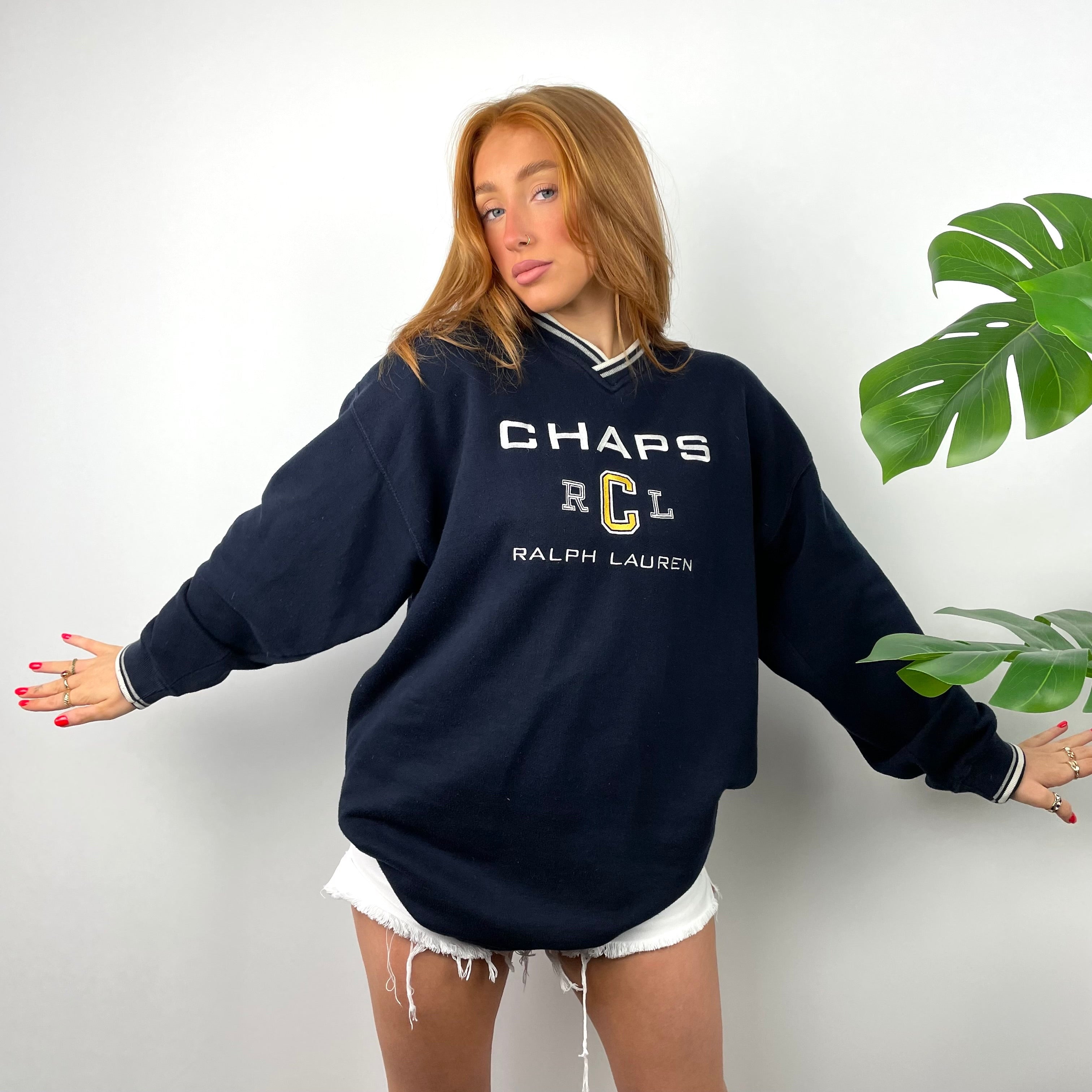 Chaps Ralph Lauren RARE Navy Embroidered Spell Out Sweatshirt (L)