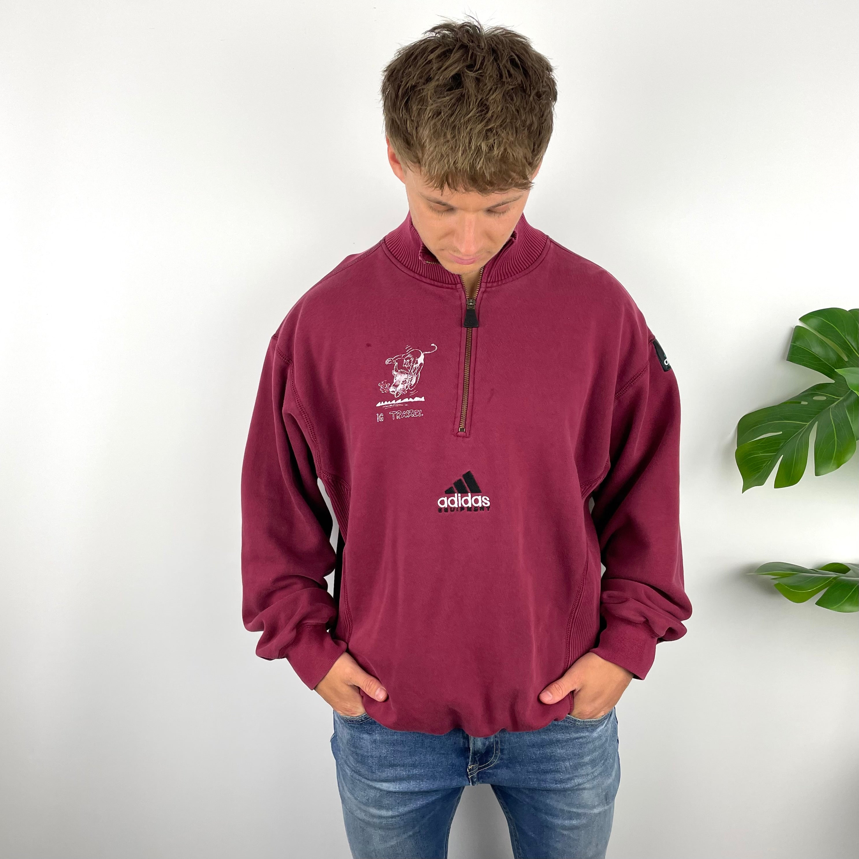 Adidas Equipment RARE Maroon Embroidered Spell Out Quarter Zip Sweatshirt (XL)