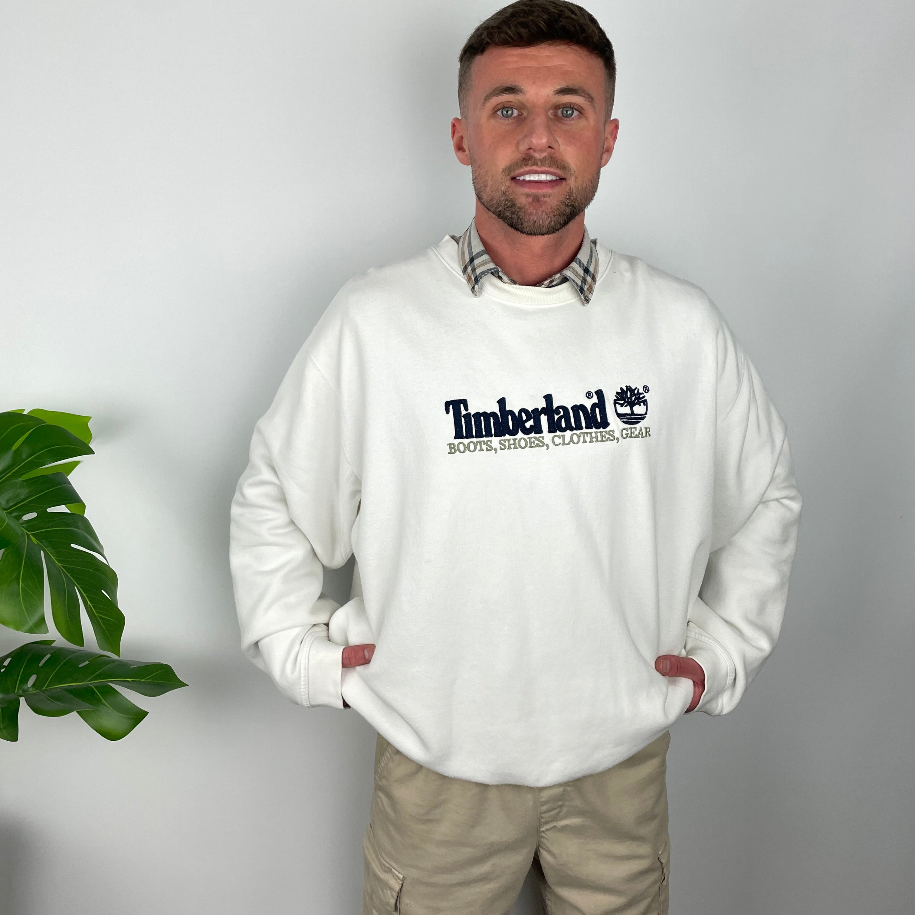 Timberland RARE White Embroidered Spell Out Sweatshirt (XXL)