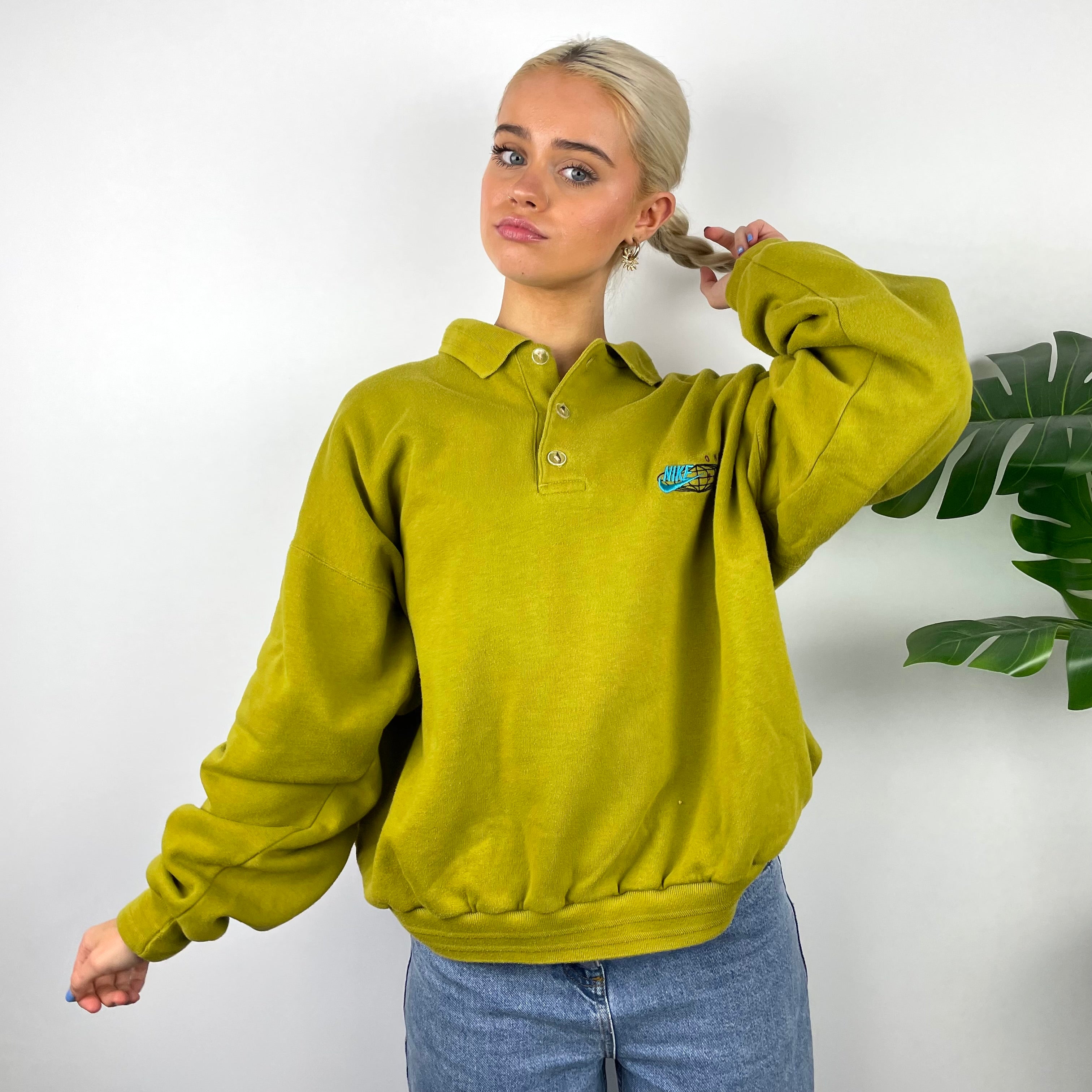 Nike RARE Olive Embroidered Spell Out Button Up Sweatshirt (L)