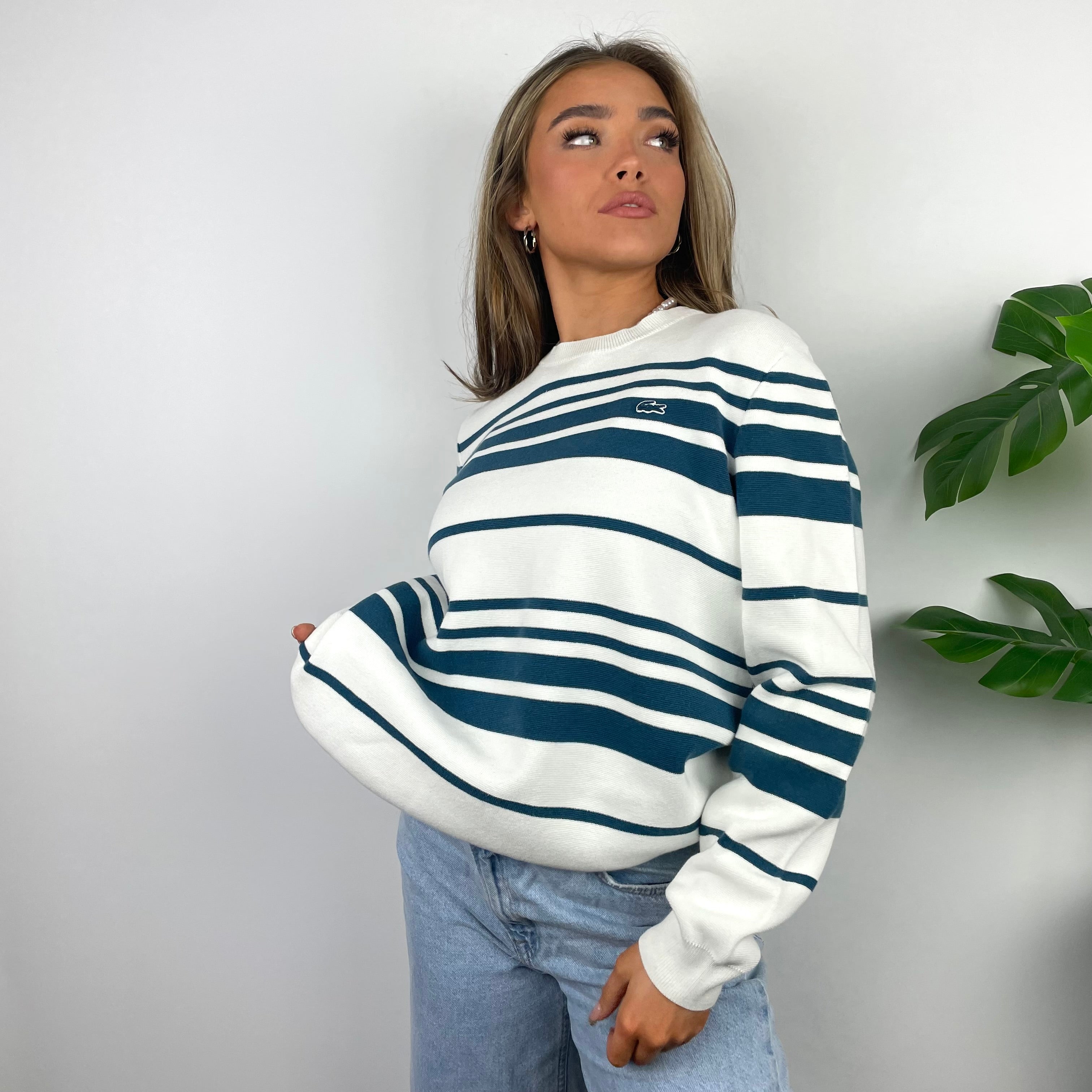 Lacoste RARE Navy & White Striped Embroidered Logo Sweater (L)