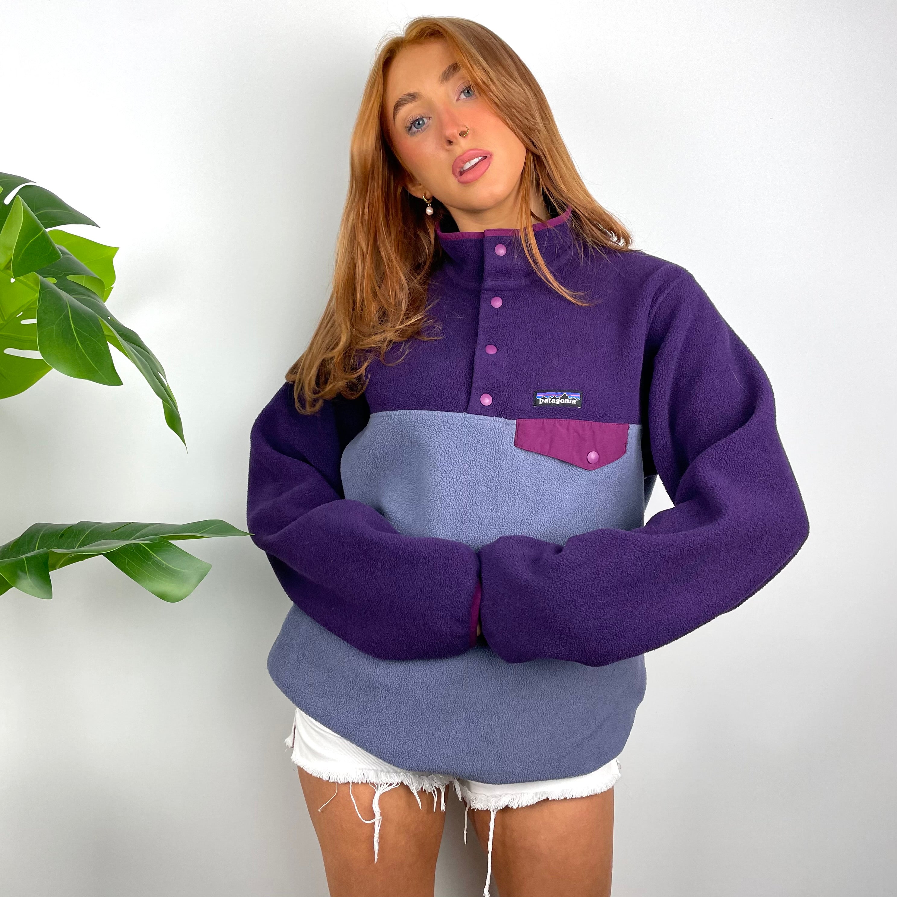 Patagonia RARE Purple & Violet Embroidered Spell Out Teddy Bear Fleece Button Sweatshirt (L)