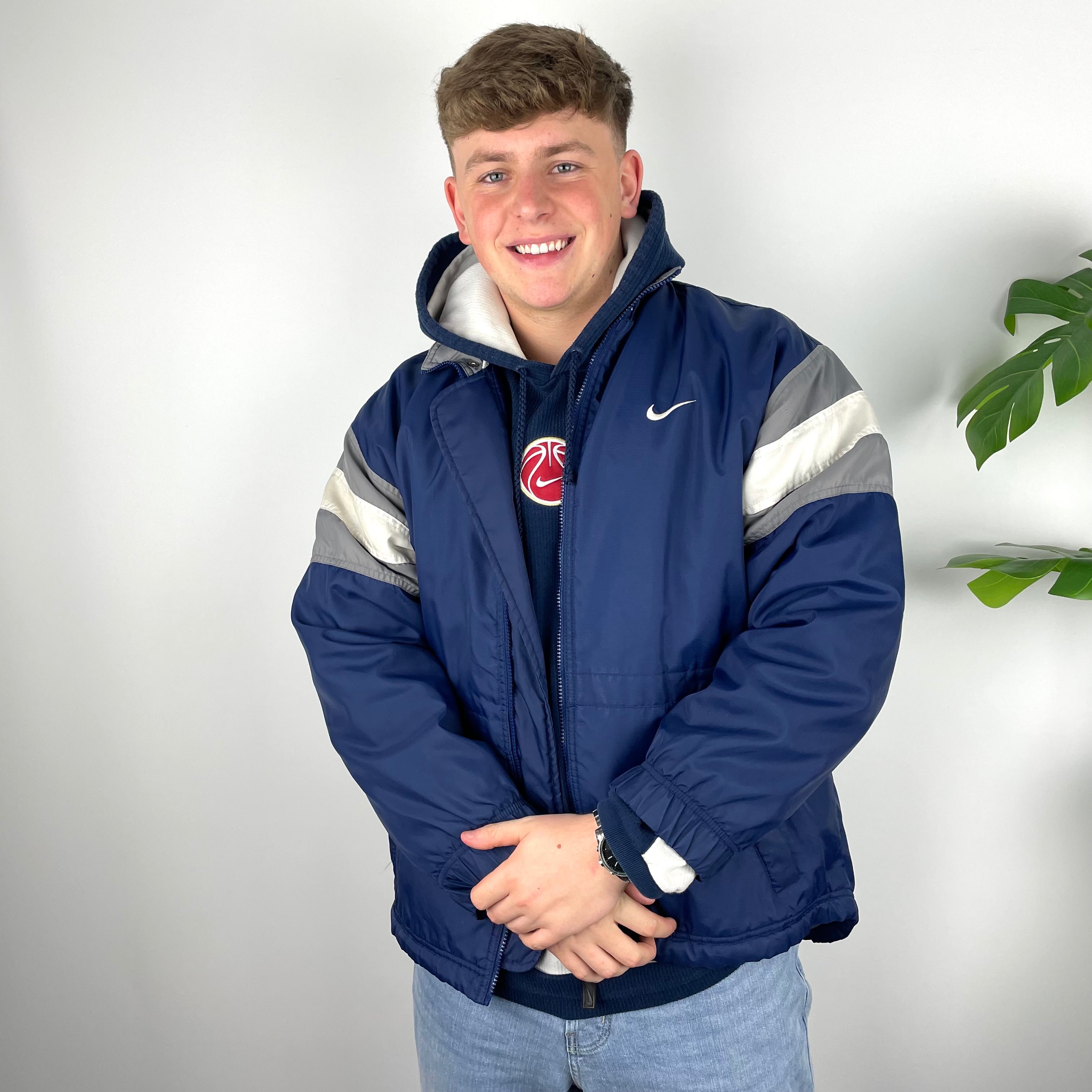 Nike RARE Navy Embroidered Spell Out Padded Jacket (M)