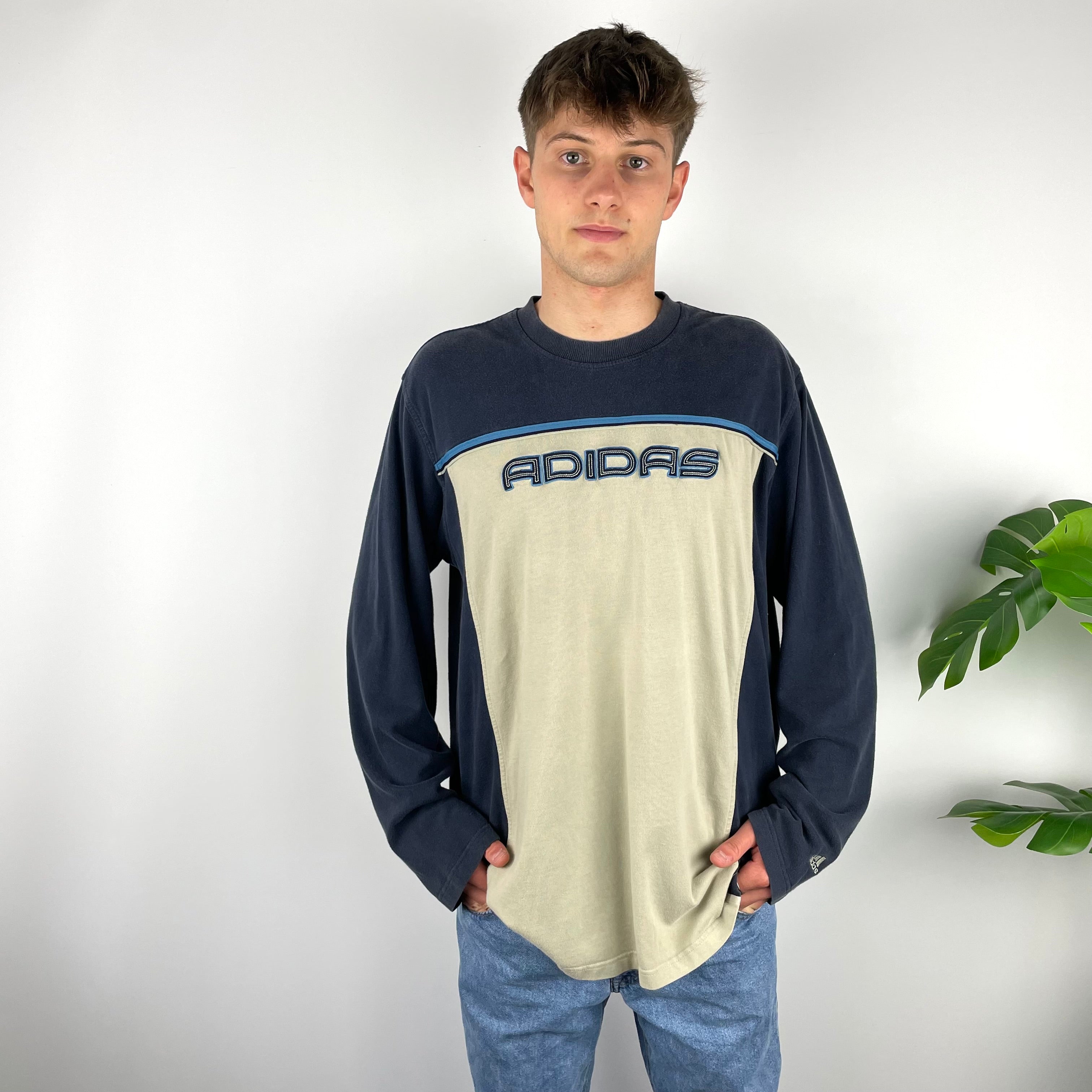 Adidas RARE Navy & Beige Embroidered Spell Out Long Sleeve Top (XL)