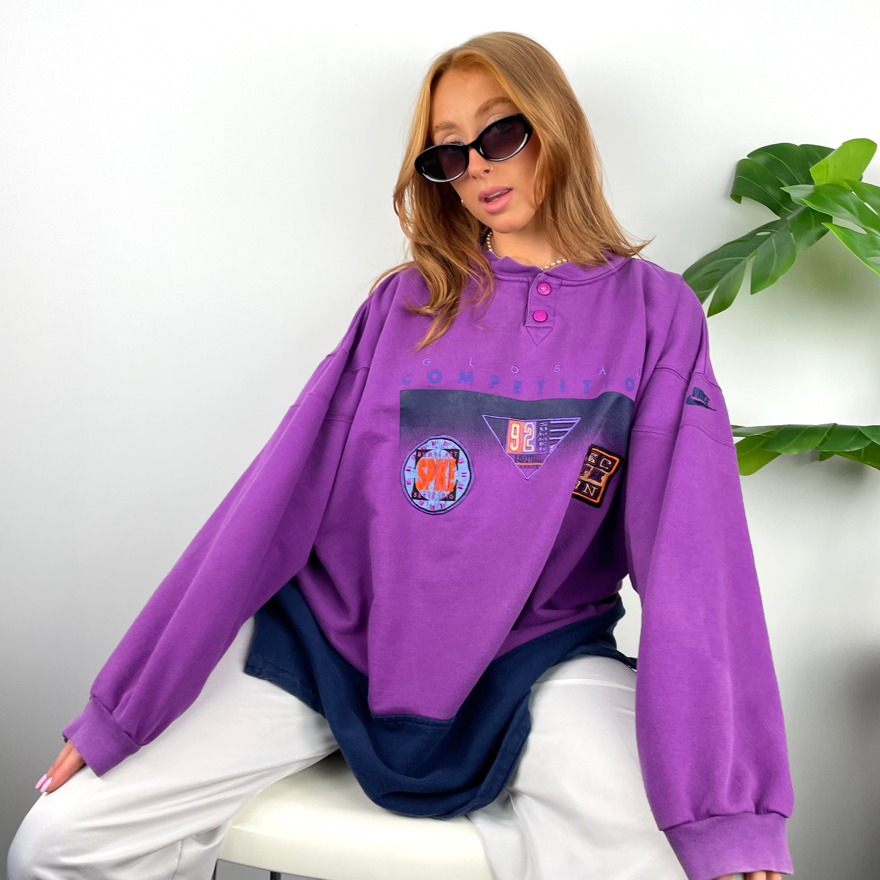 Nike X Global Competition RARE Purple Embroidered Spell Out Button Up Sweatshirt (XXL)