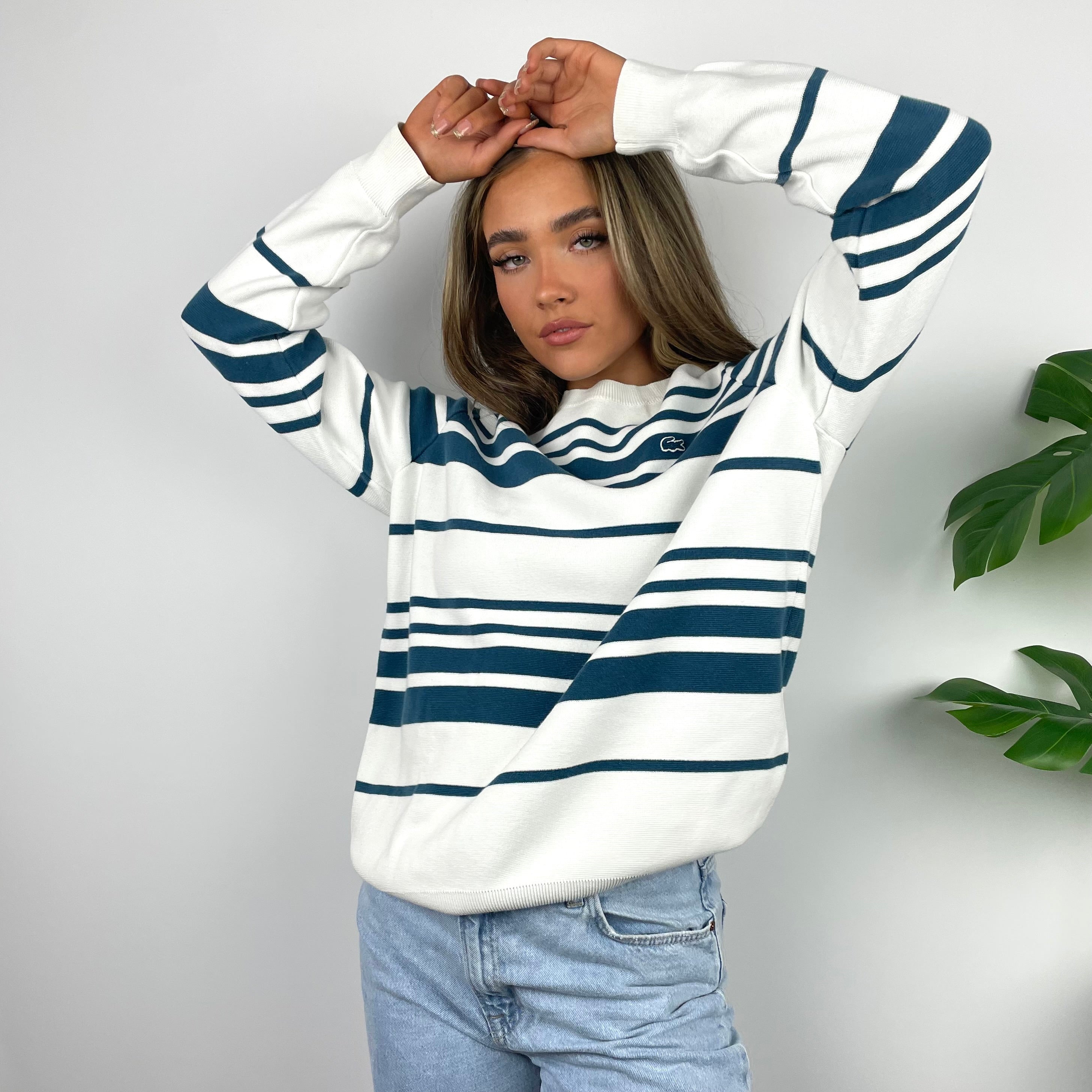 Lacoste RARE Navy & White Striped Embroidered Logo Sweater (L)