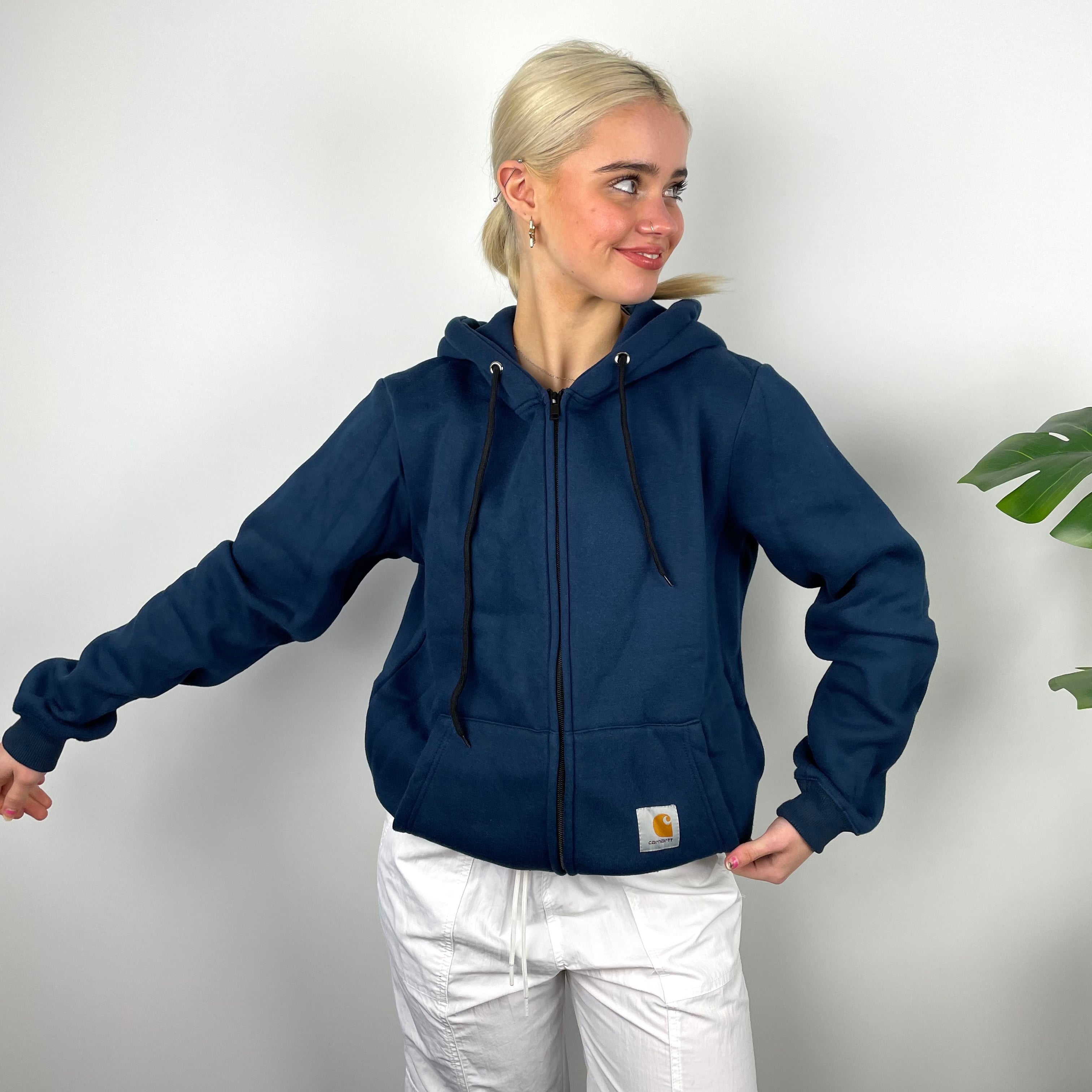 Carhartt RARE Navy Embroidered Logo Zip Up Hoodie Jacket (M)