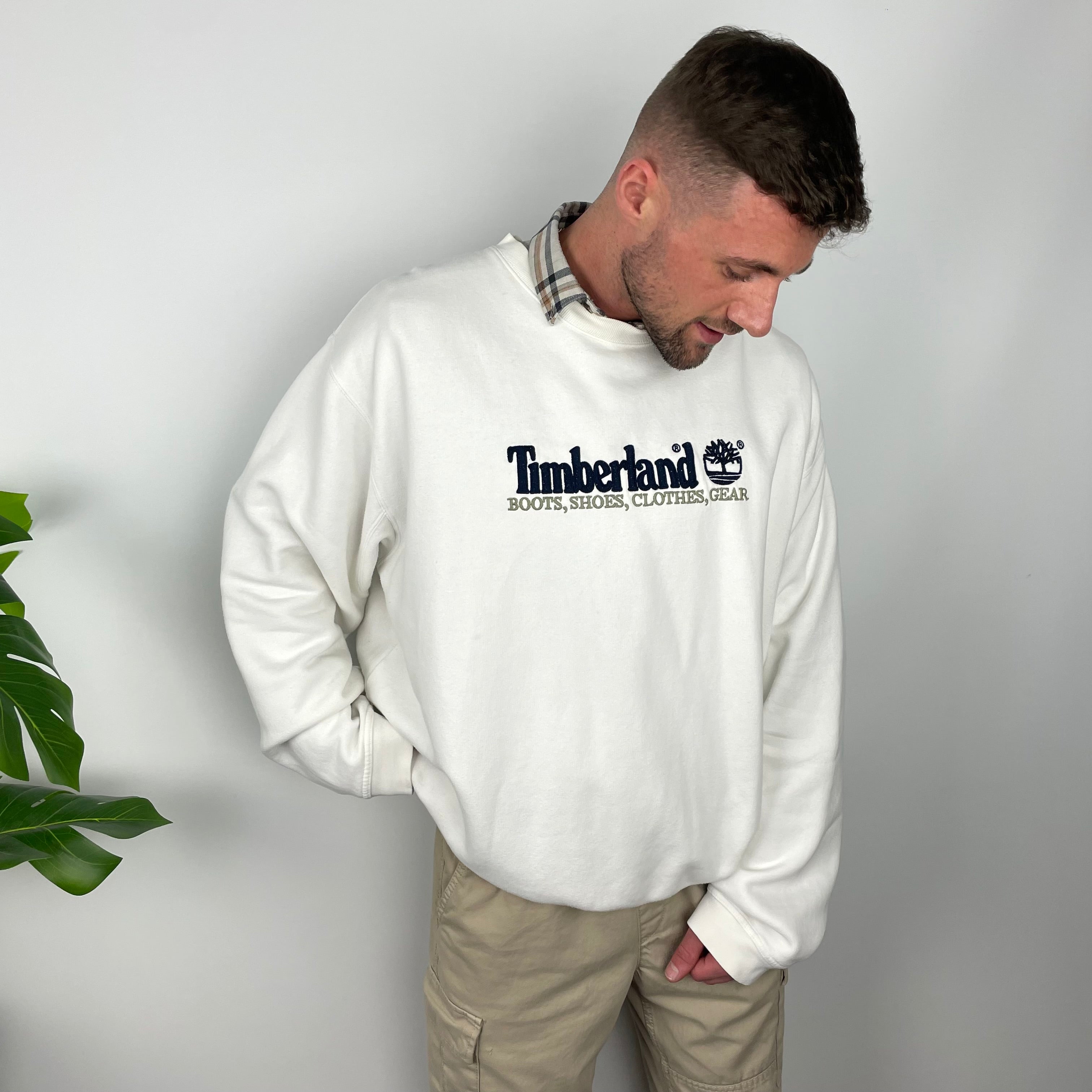 Timberland RARE White Embroidered Spell Out Sweatshirt (XXL)