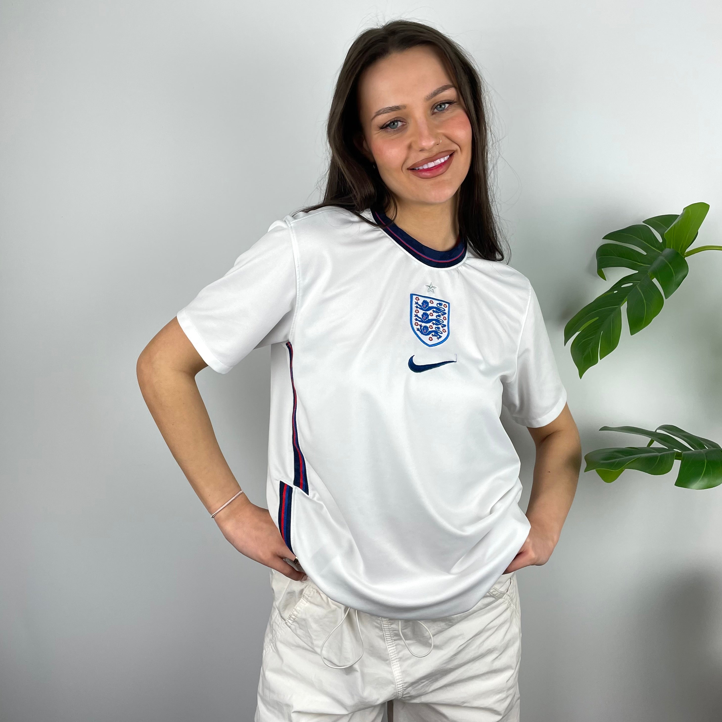 Nike X England Football RARE White Embroidered Spell Out T Shirt (M)