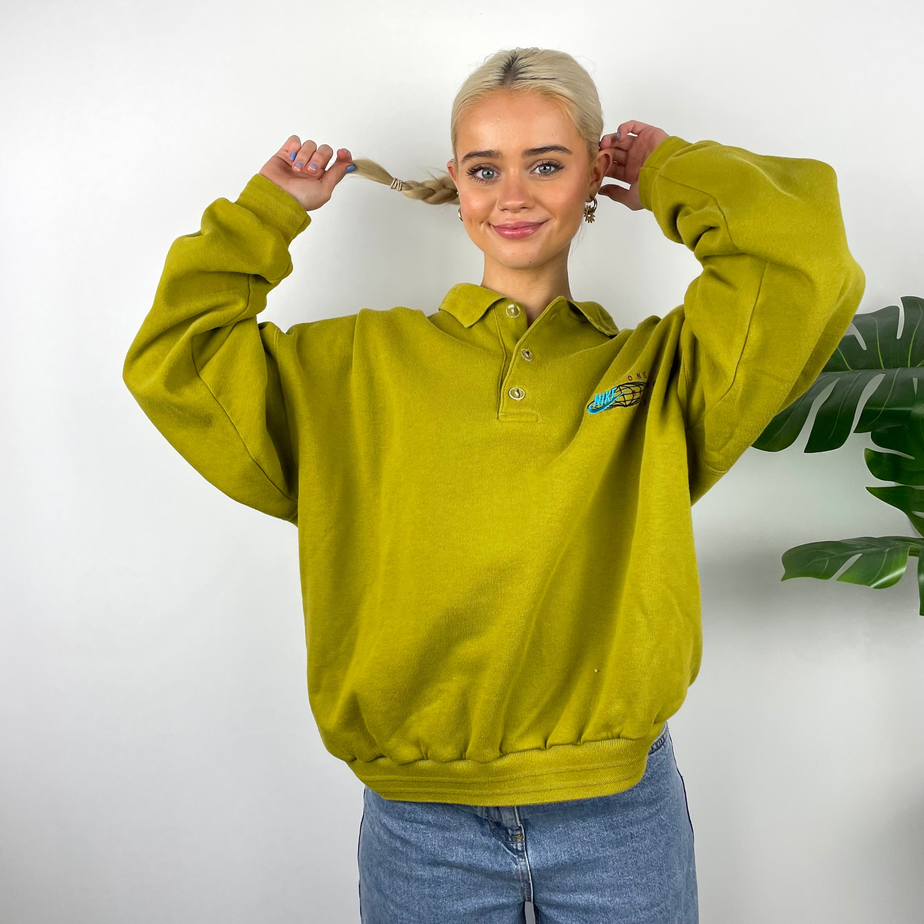 Nike RARE Olive Embroidered Spell Out Button Up Sweatshirt (L)