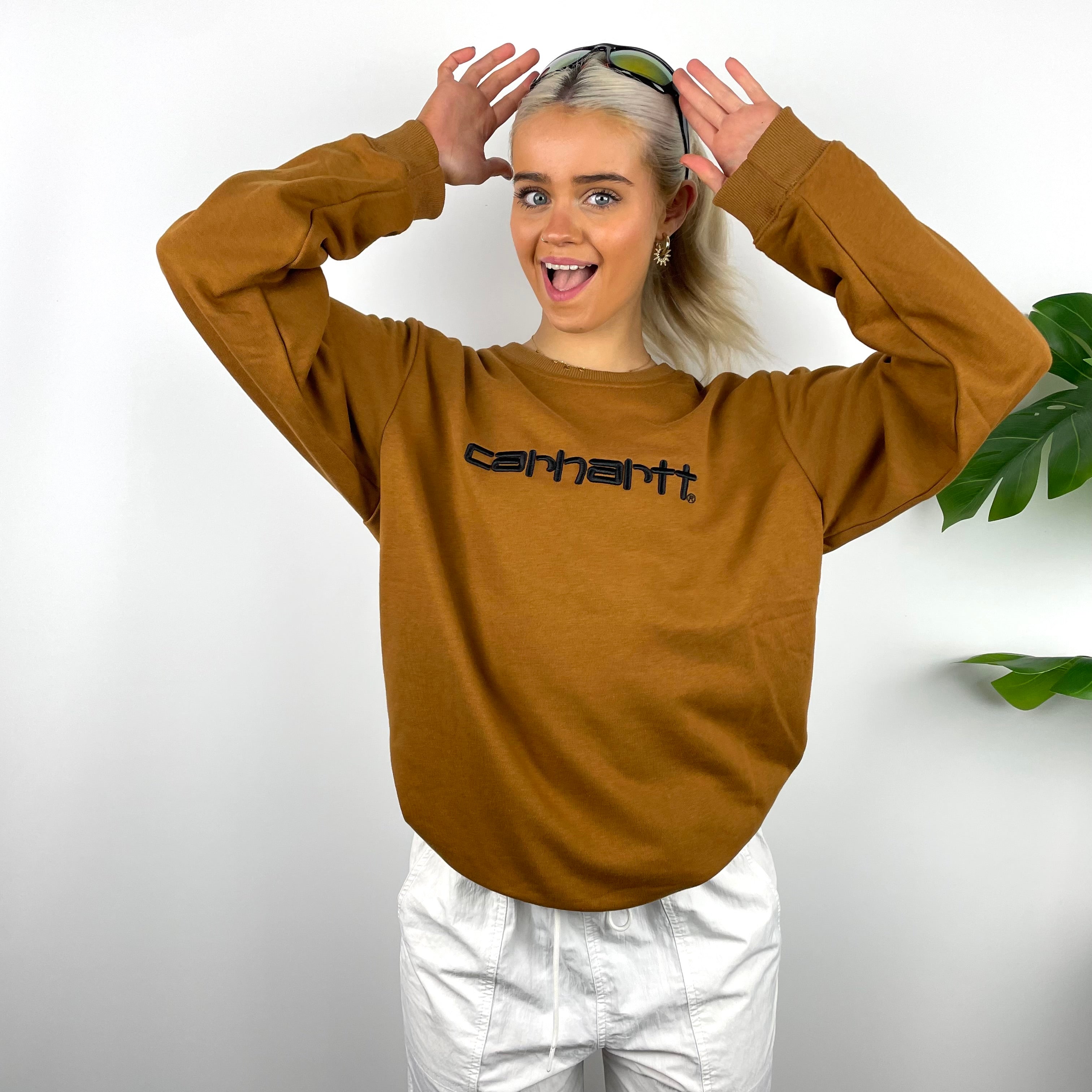 Carhartt RARE Tan Brown Embroidered Spell Out Sweatshirt (M)