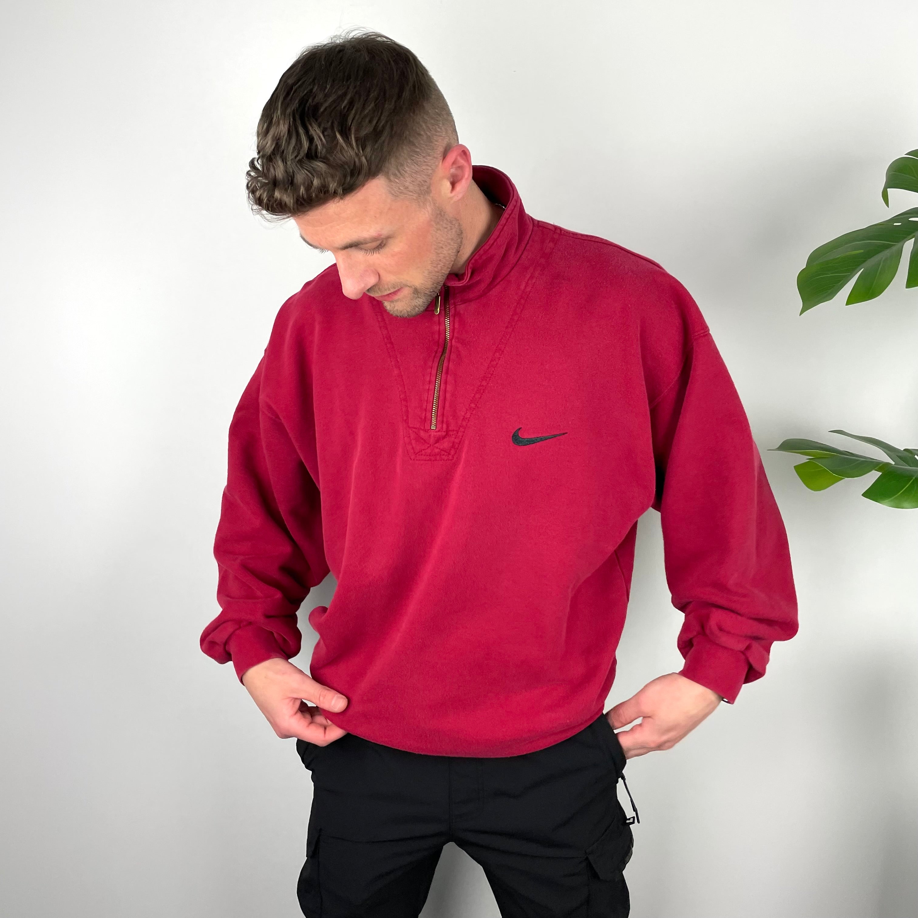 Nike RARE Red Embroidered Swoosh Quarter Zip Sweatshirt (XL)