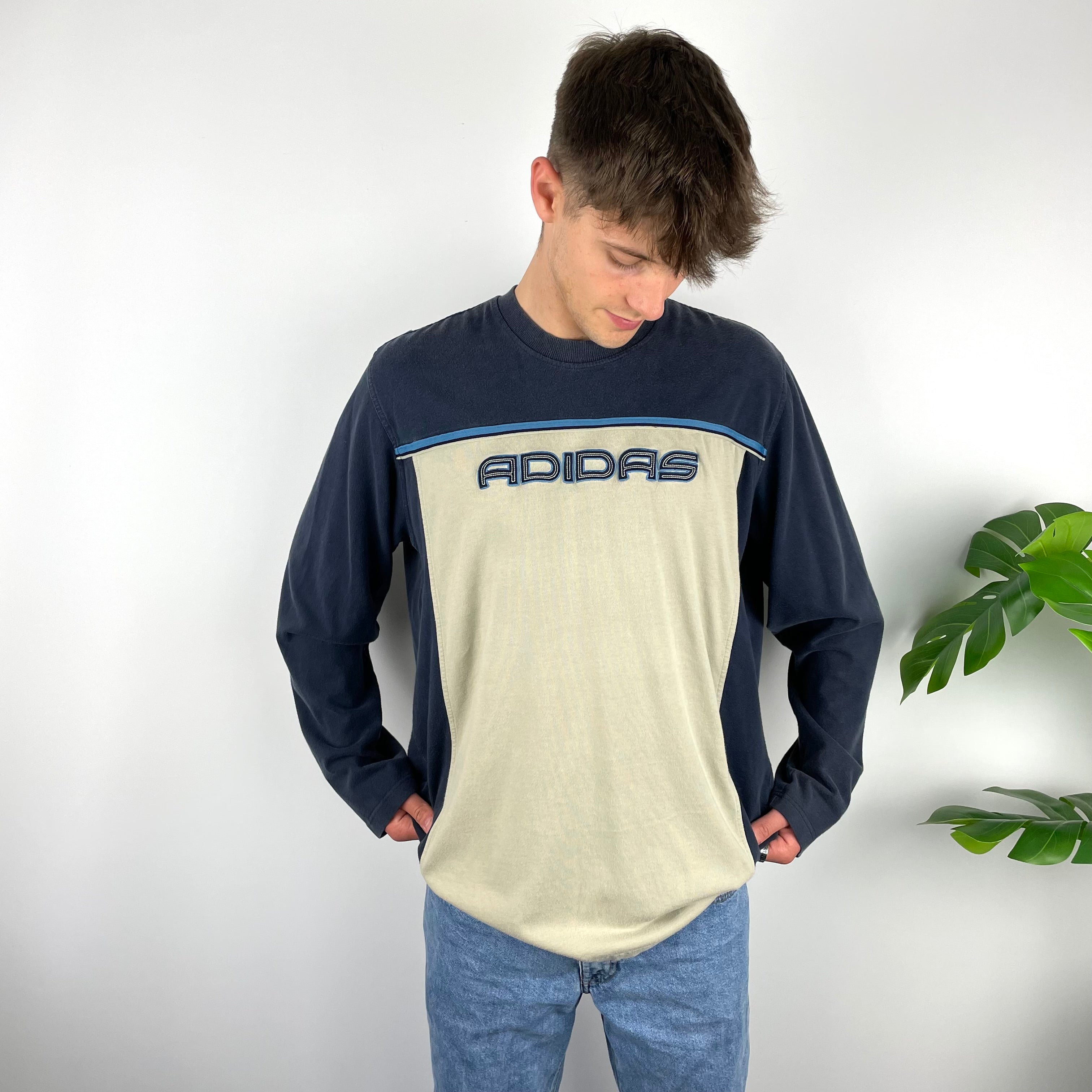 Adidas RARE Navy & Beige Embroidered Spell Out Long Sleeve Top (XL)