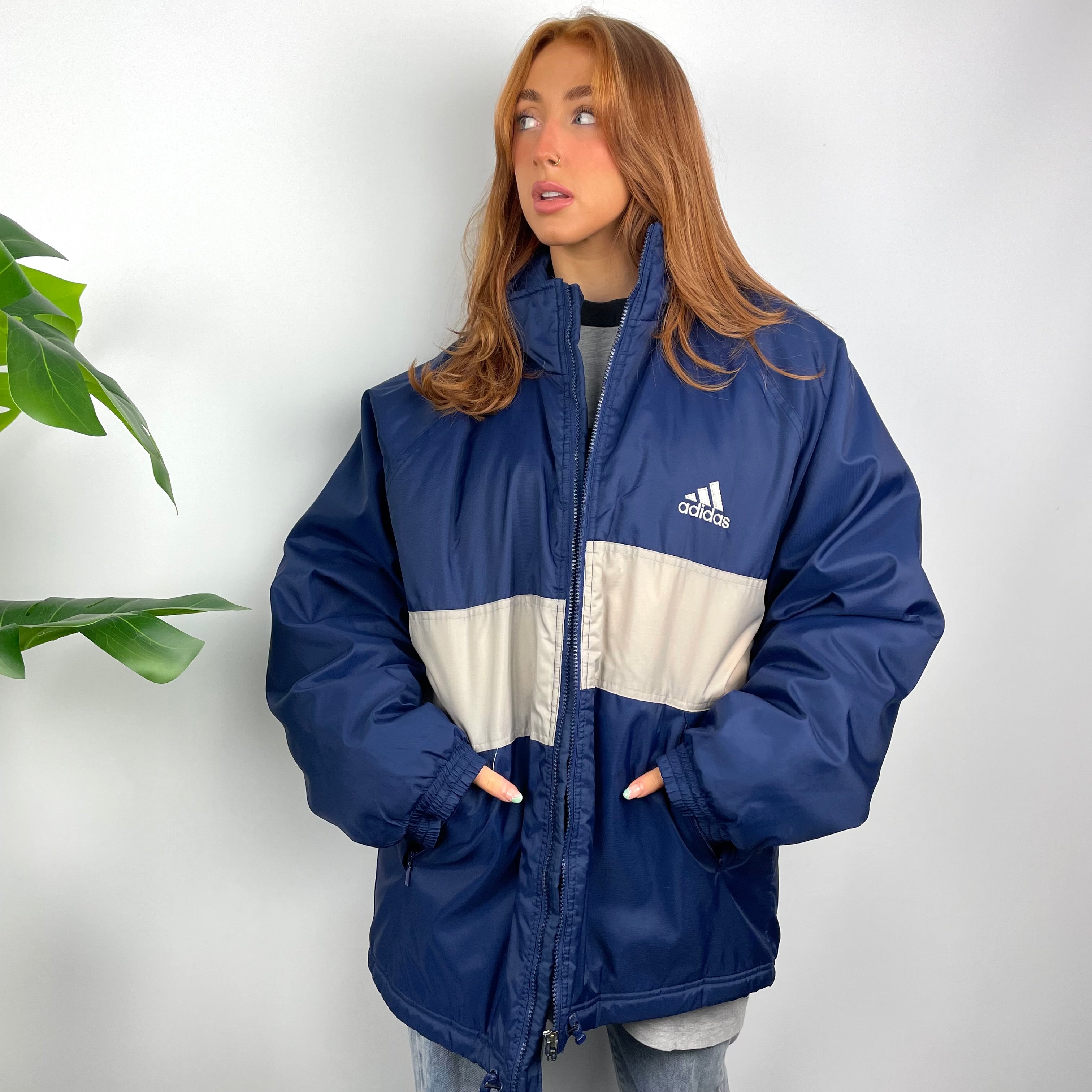 Adidas RARE Navy and Beige Colour Block Embroidered Spell Out Padded Jacket (L)