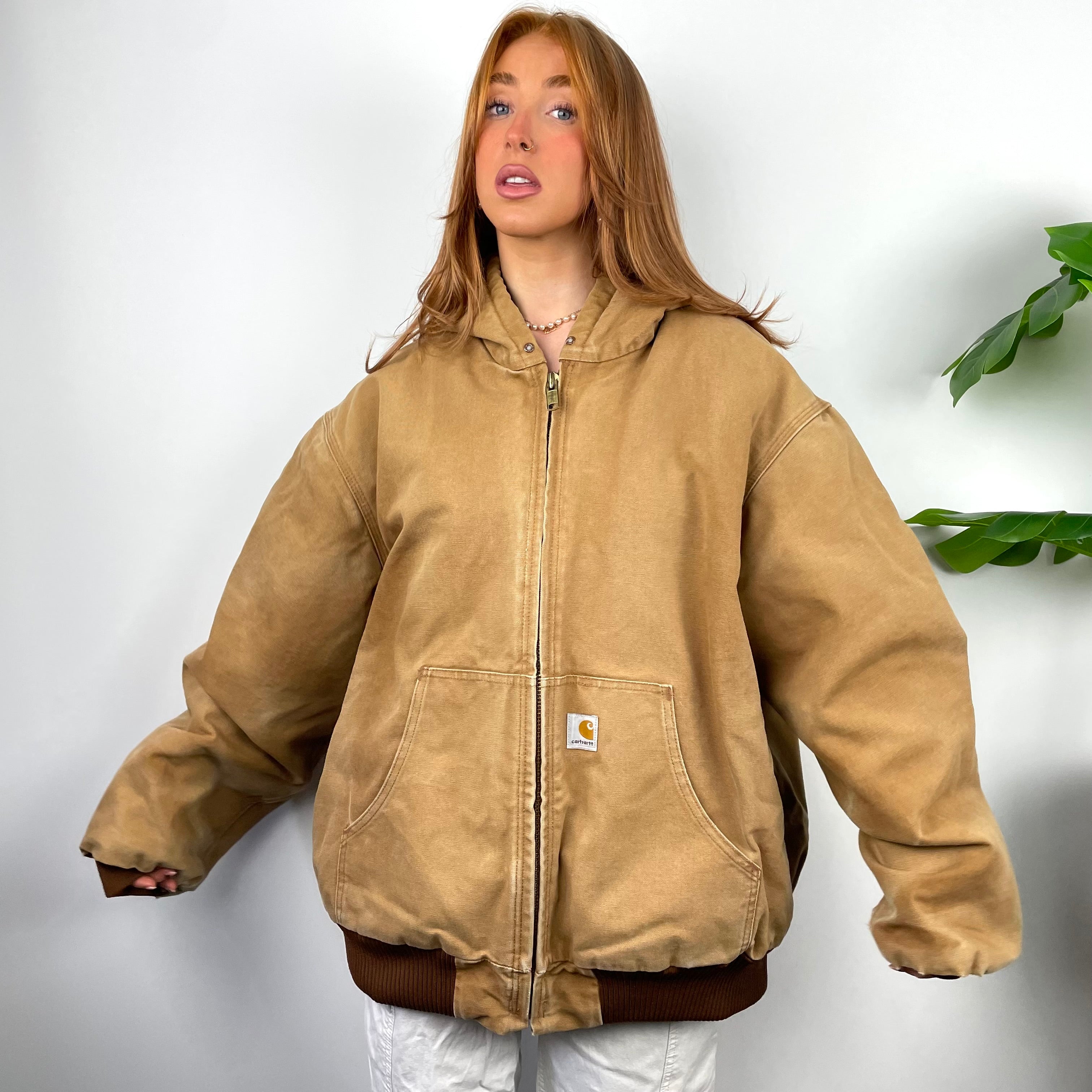 Carhartt RARE Tan Brown Spell Out Zip Up Workwear Jacket (XXL)