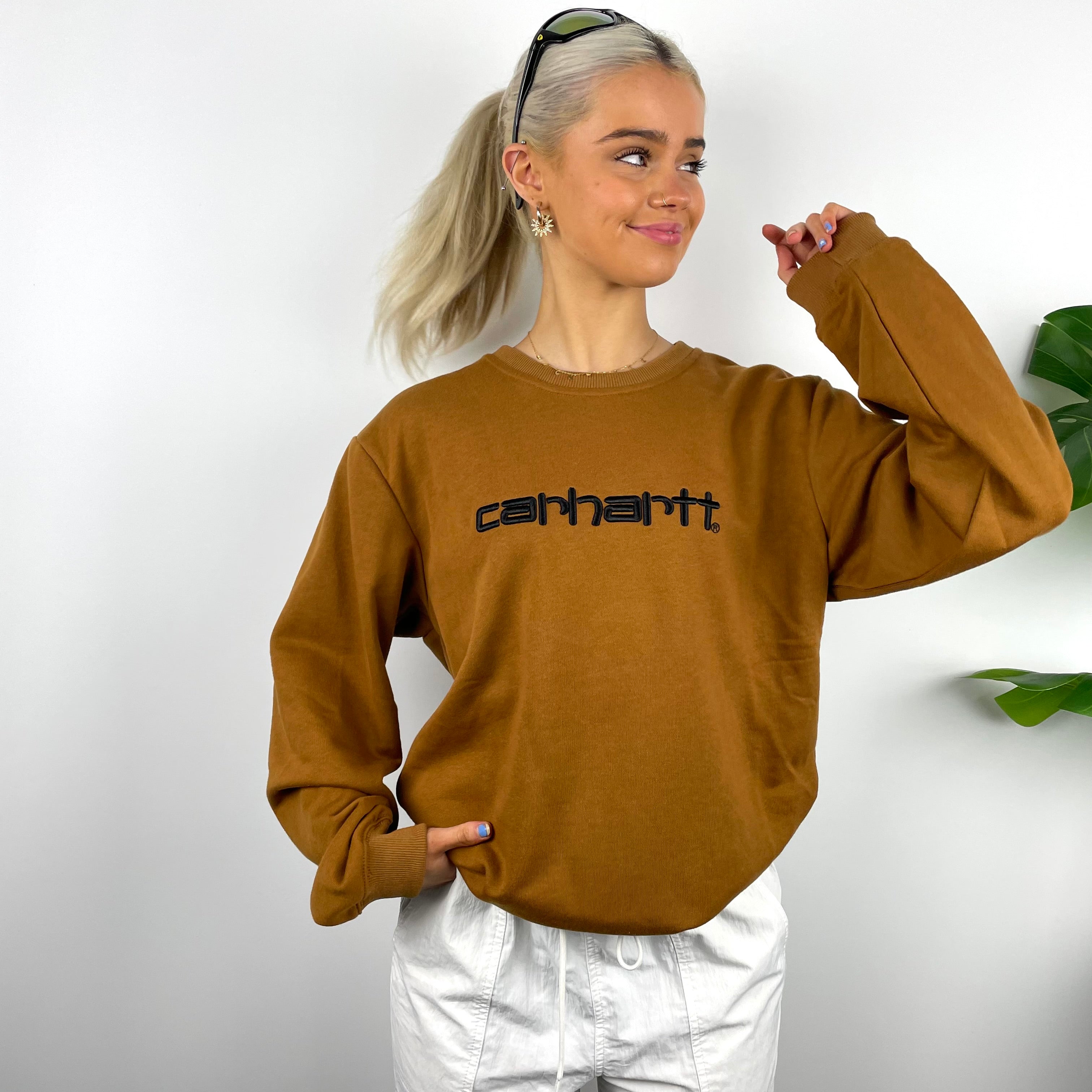 Carhartt RARE Tan Brown Embroidered Spell Out Sweatshirt (M)