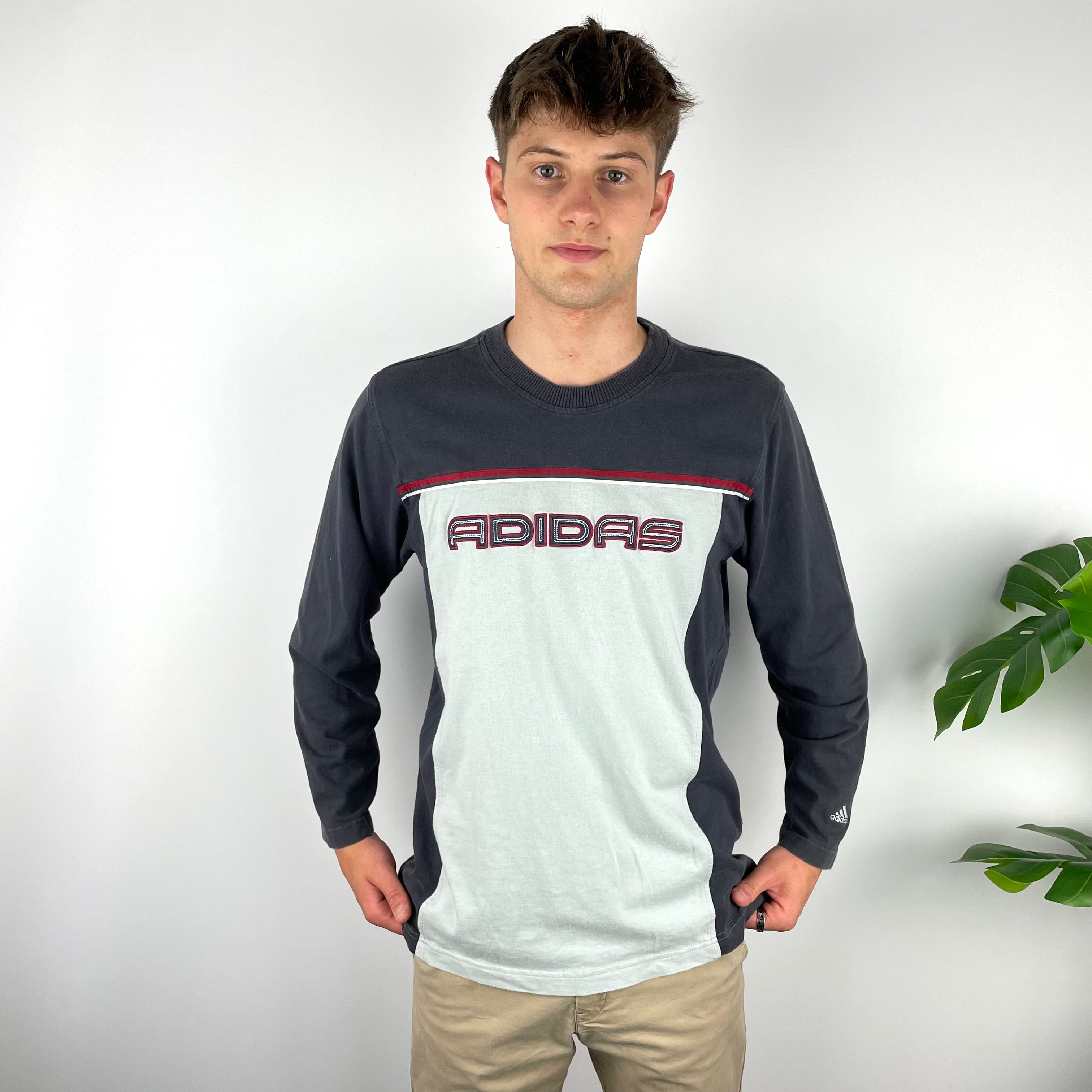 Adidas RARE Navy & Grey Embroidered Spell Out Long Sleeve Top (L)
