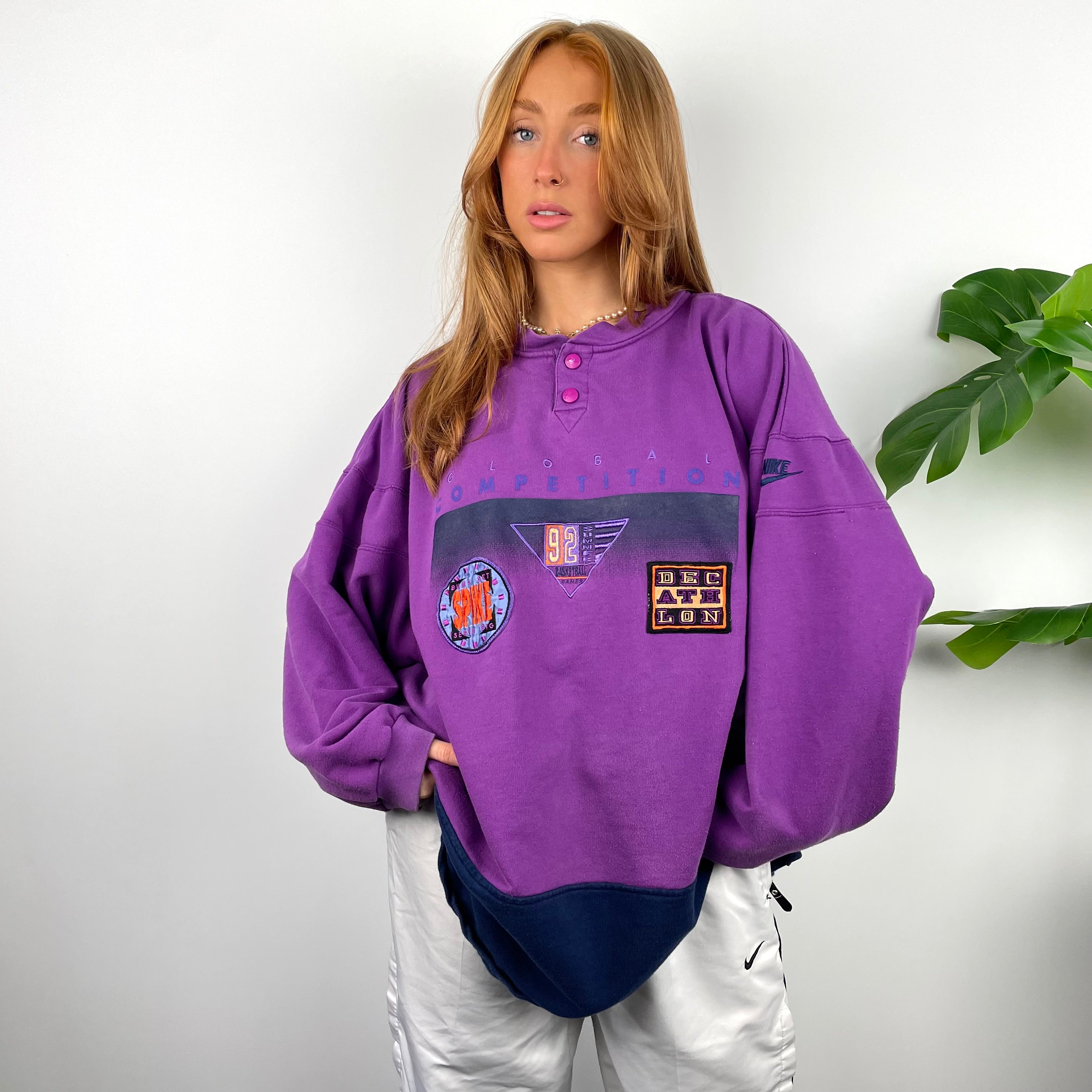Nike X Global Competition RARE Purple Embroidered Spell Out Button Up Sweatshirt (XXL)