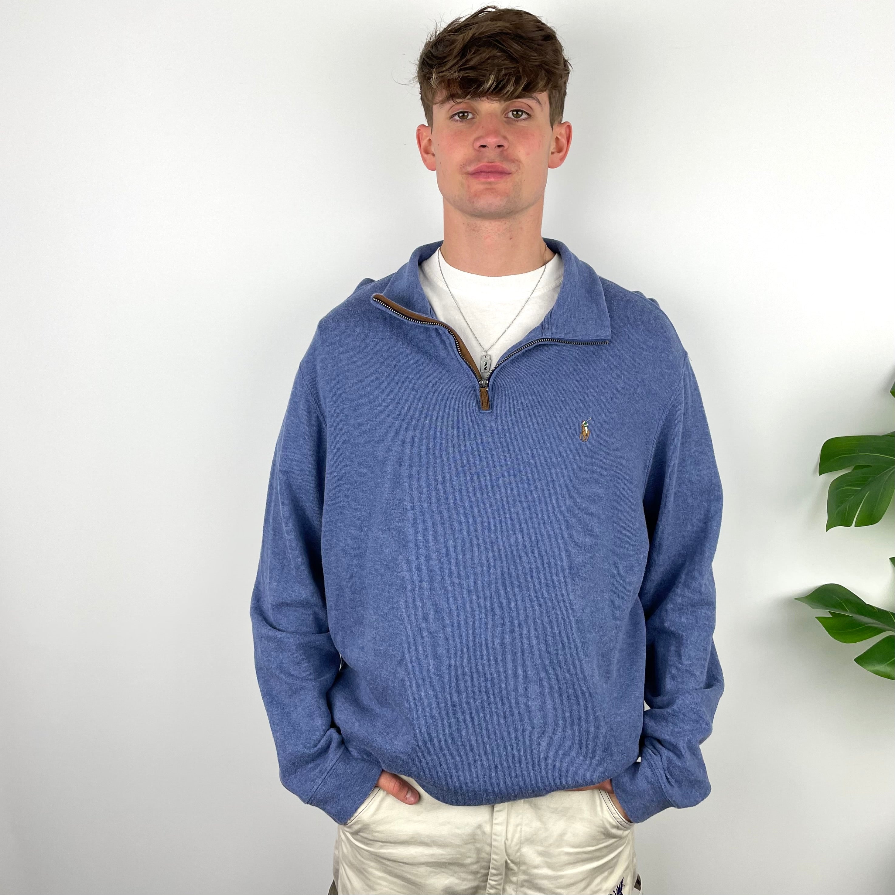 Polo Ralph Lauren RARE Blue Embroidered Logo Quarter Zip Sweatshirt (XL)