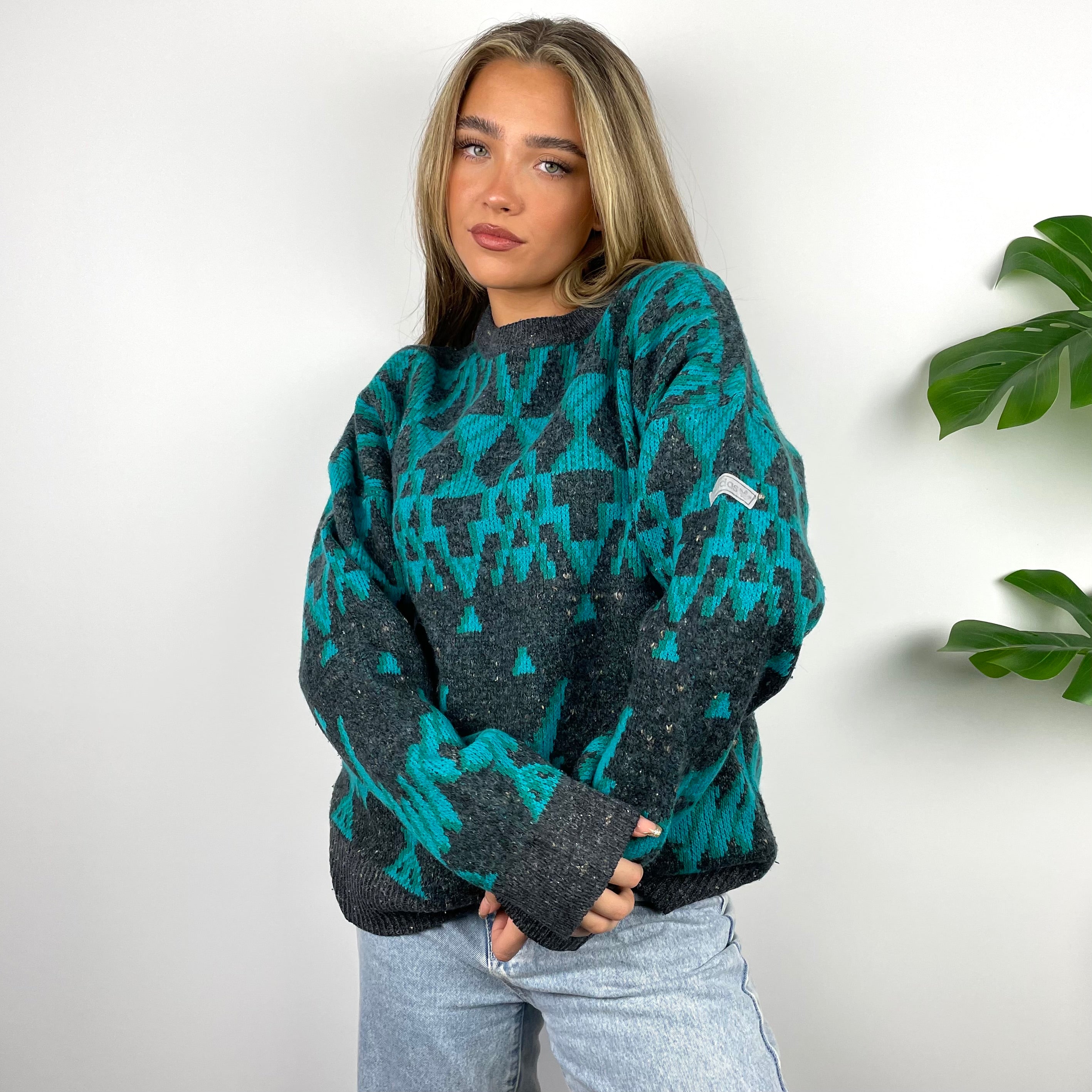 Adidas RARE Grey & Turquoise Blue Embroidered Spell Out Funky Chunky Knit Jumper (M)