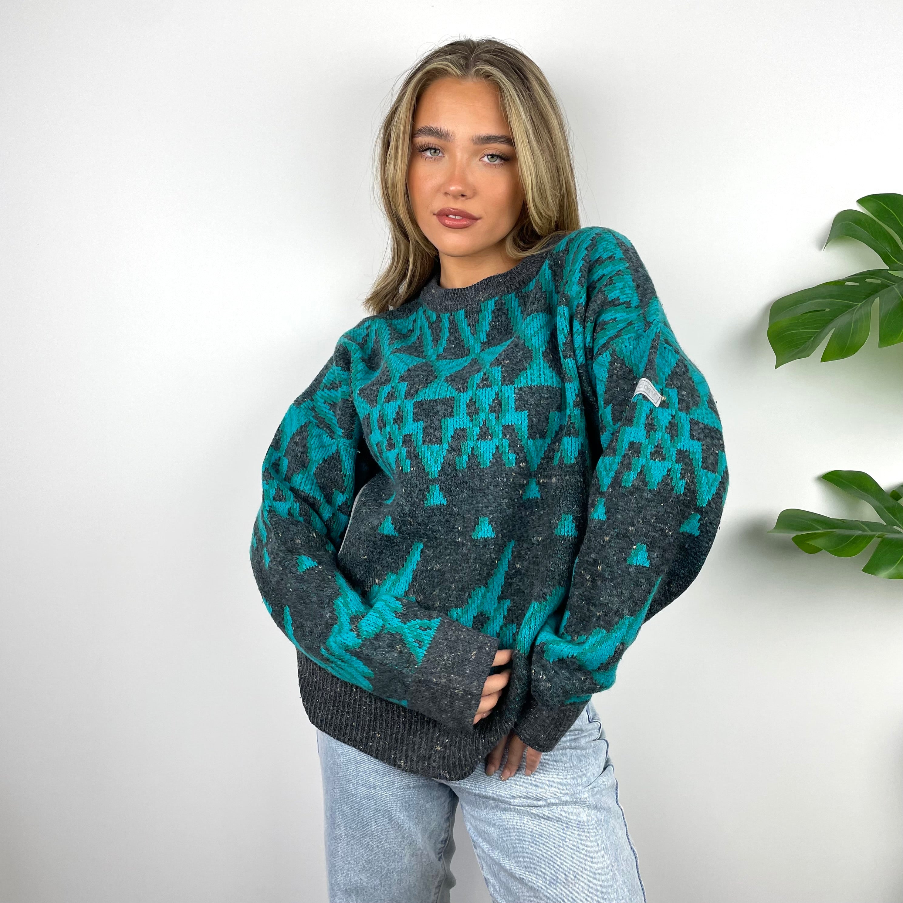 Adidas RARE Grey & Turquoise Blue Embroidered Spell Out Funky Chunky Knit Jumper (M)