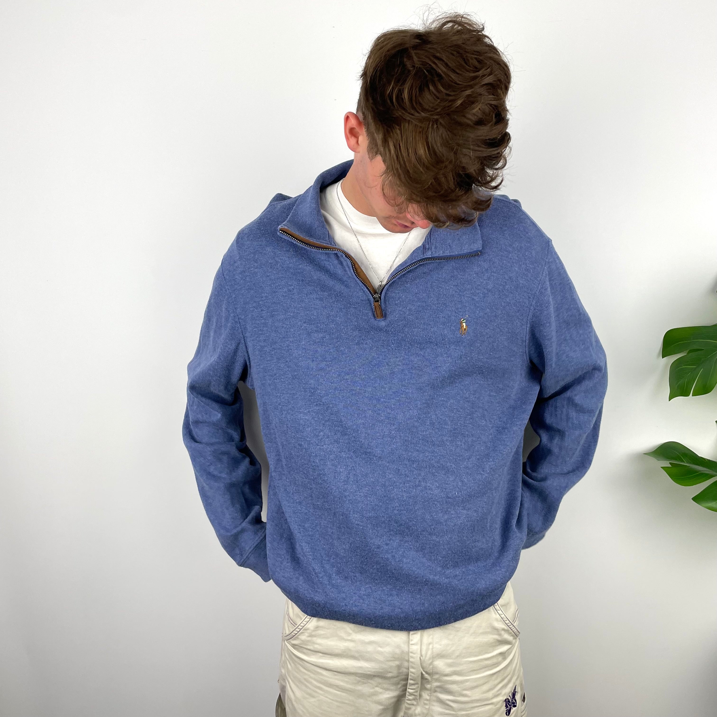 Polo Ralph Lauren RARE Blue Embroidered Logo Quarter Zip Sweatshirt (XL)
