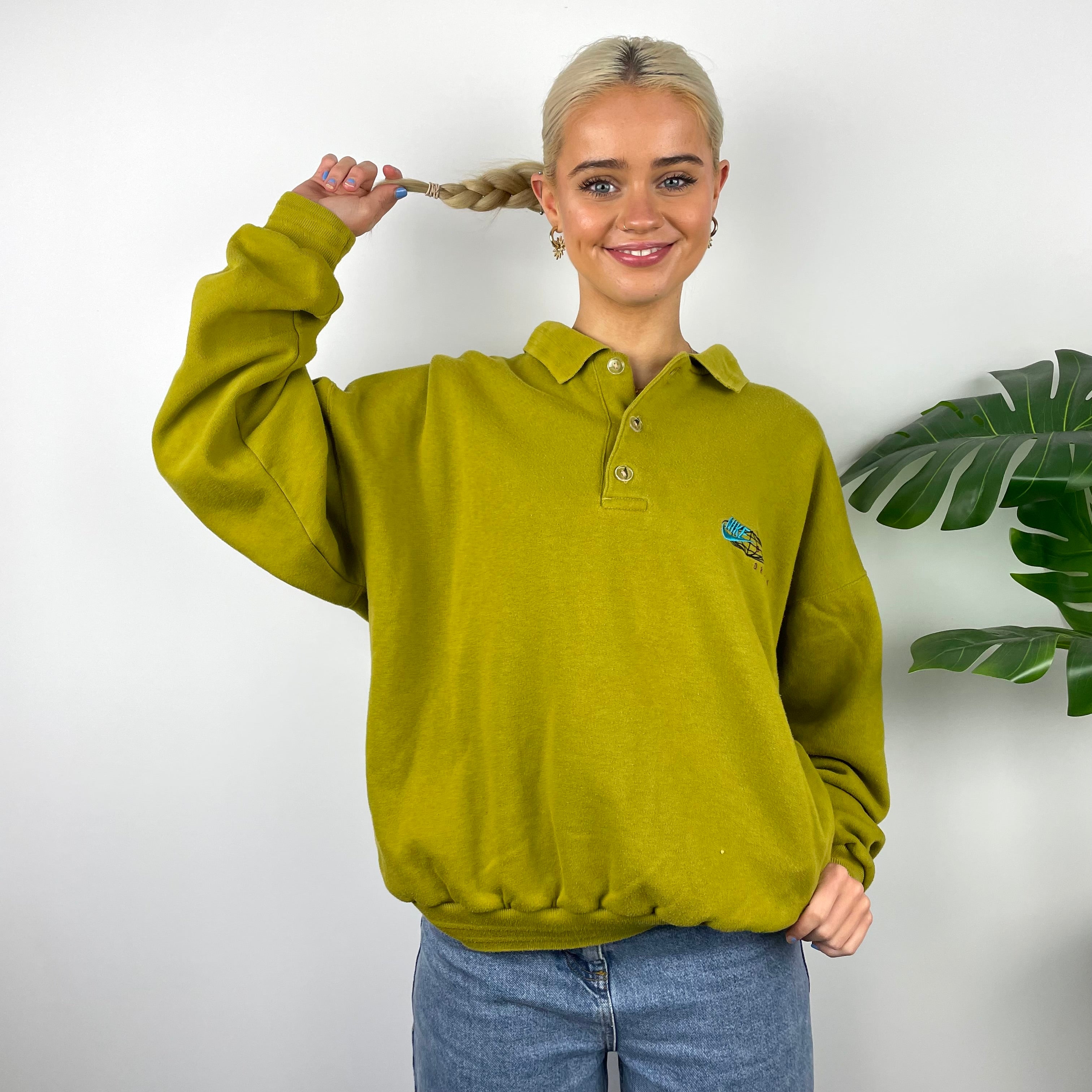 Nike RARE Olive Embroidered Spell Out Button Up Sweatshirt (L)