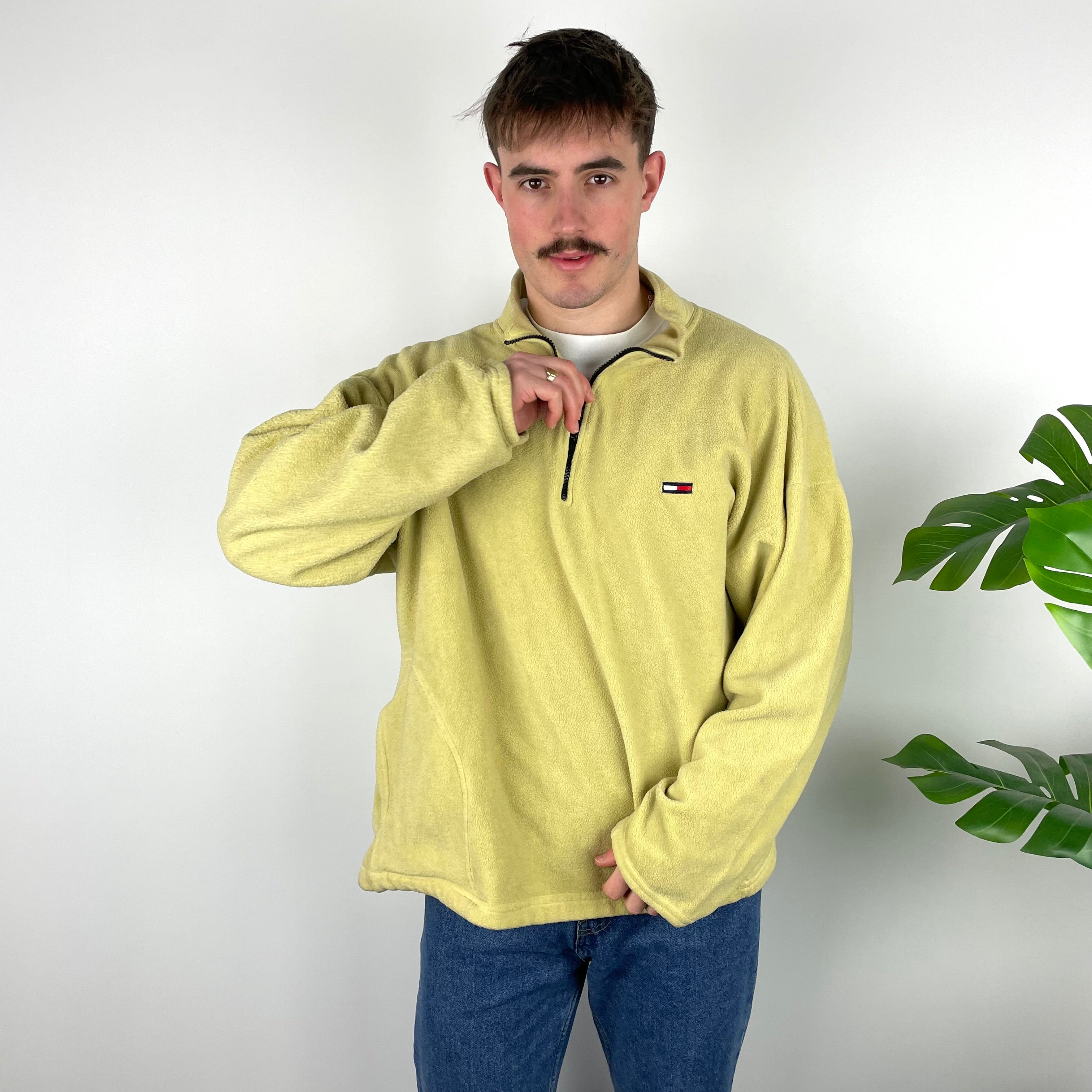 Tommy Hilfiger RARE Yellow Embroidered Logo Teddy Bear Fleece Quarter Zip Sweatshirt (XL)