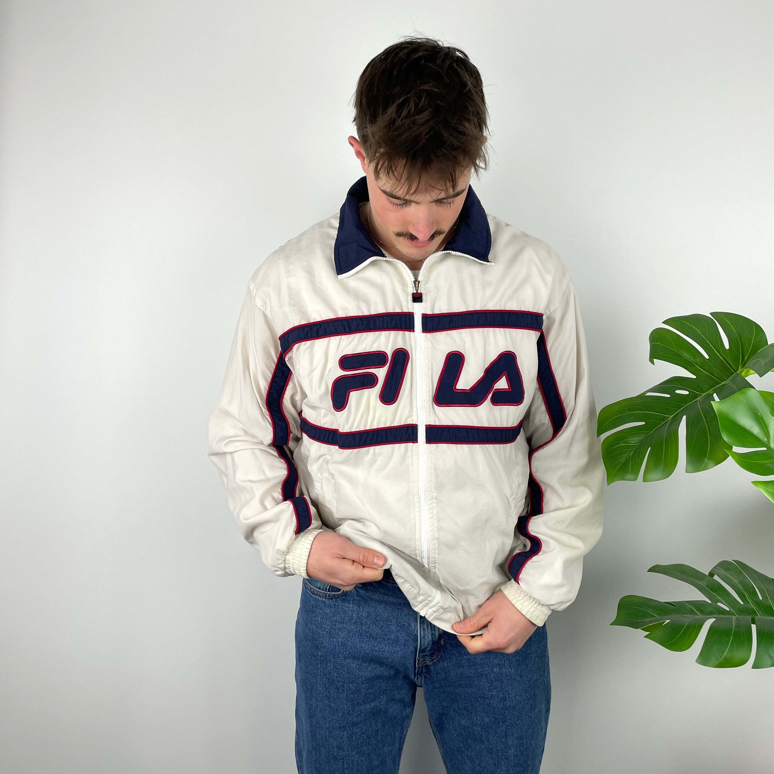 FILA RARE Cream Embroidered Spell Out Windbreaker Jacket (M)