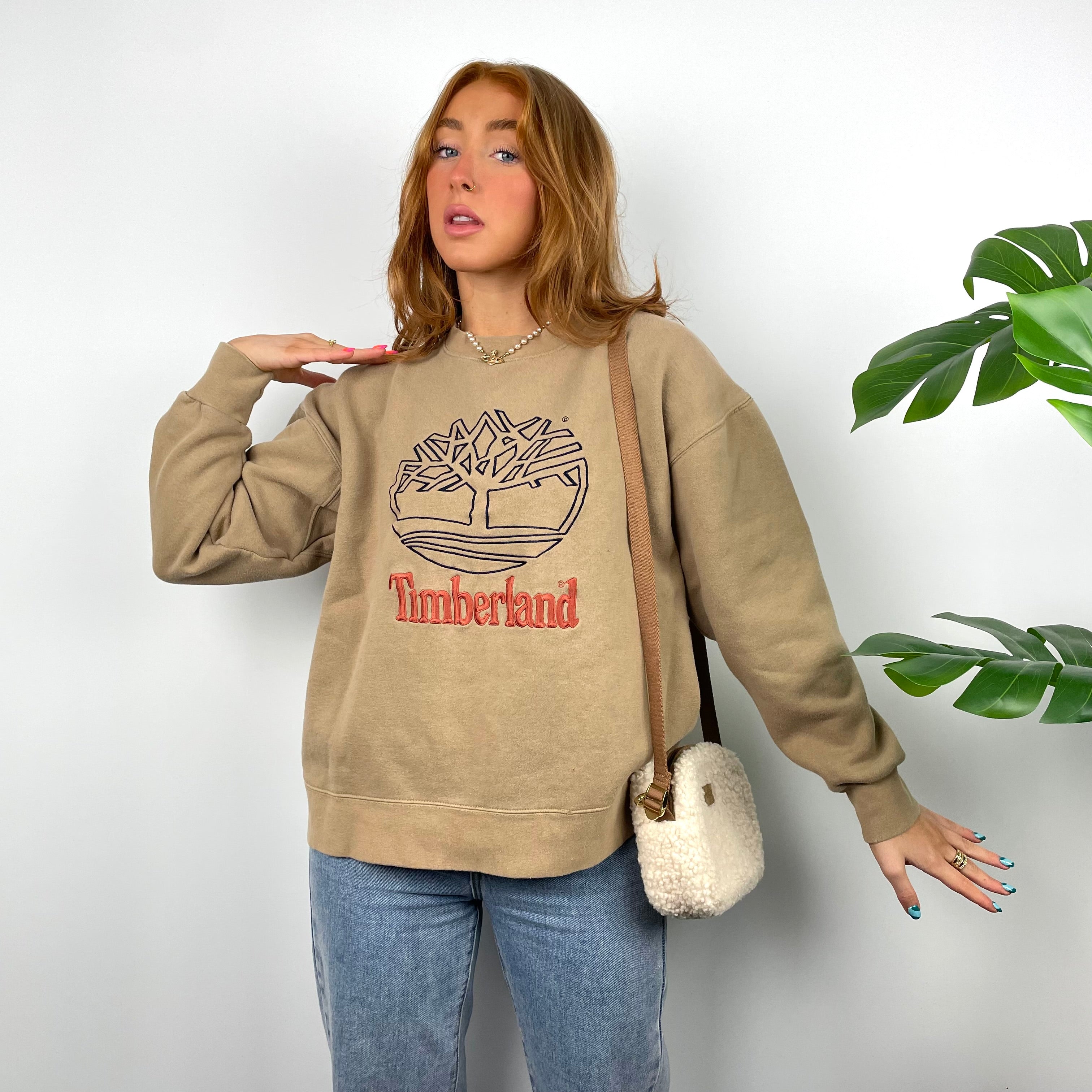 Timberland RARE Tan Brown Embroidered Spell Out Sweatshirt (S)