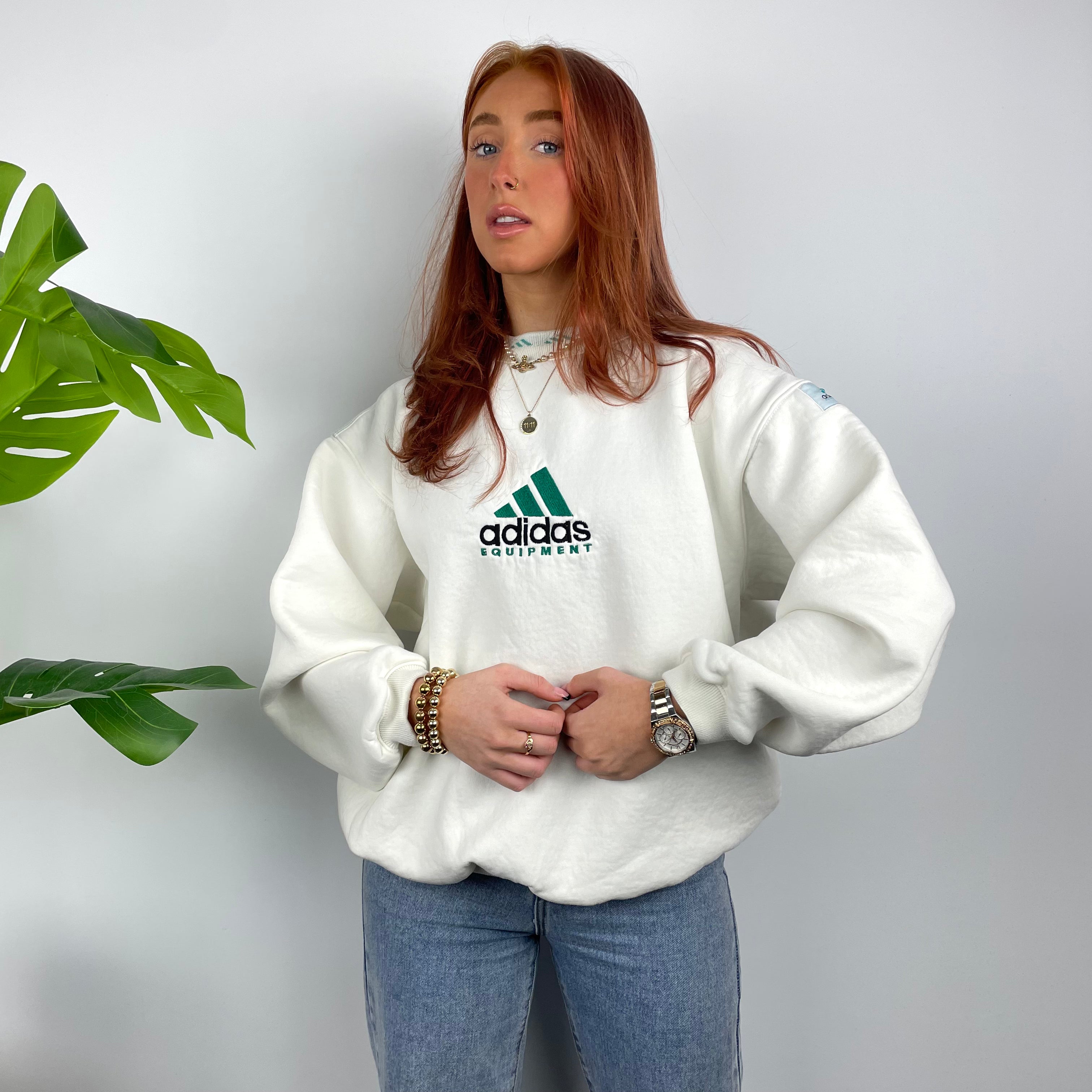 Adidas Equipment RARE White Embroidered Spell Out Sweatshirt as worn by Annalivia Hynds (S)