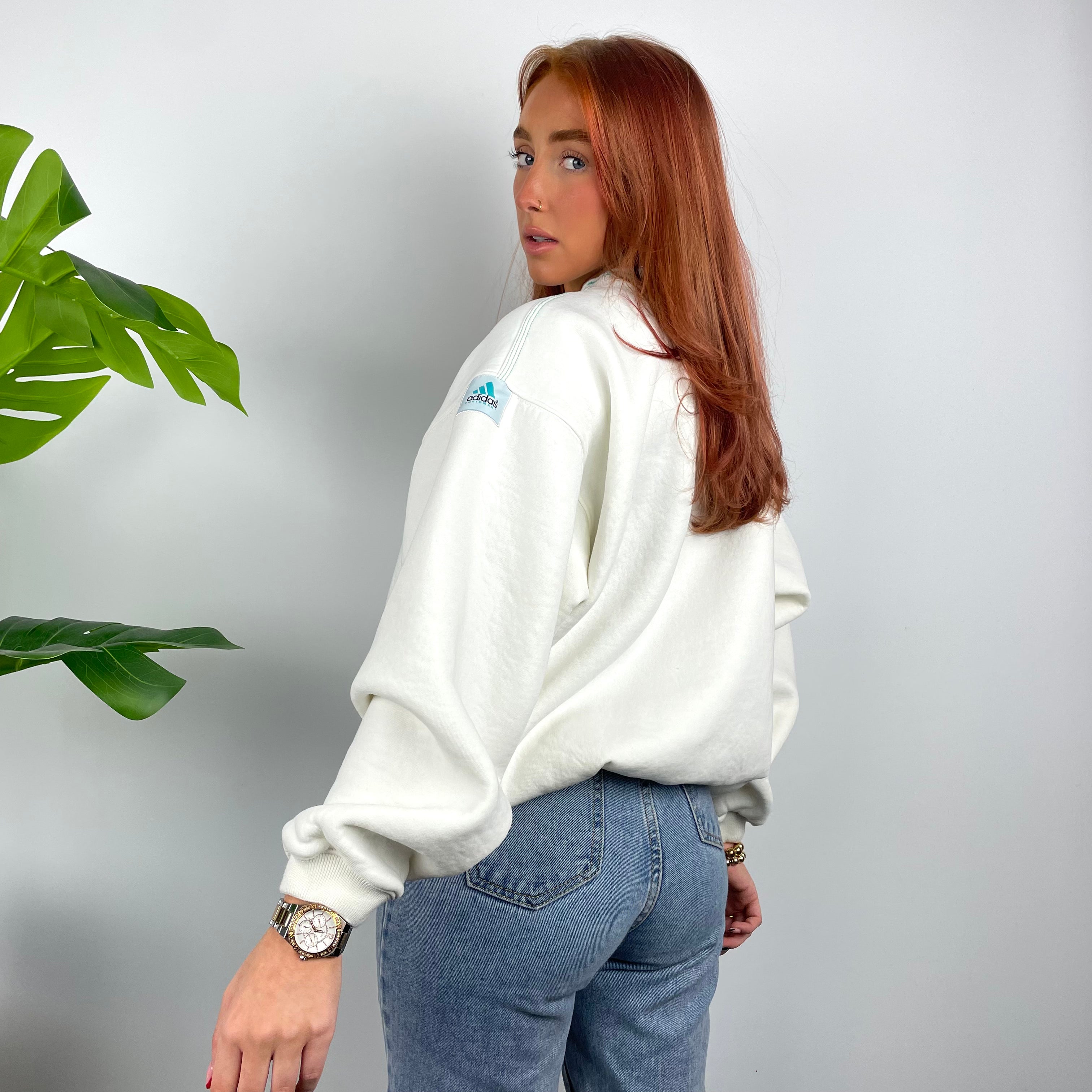 Adidas Equipment RARE White Embroidered Spell Out Sweatshirt as worn by Annalivia Hynds (S)