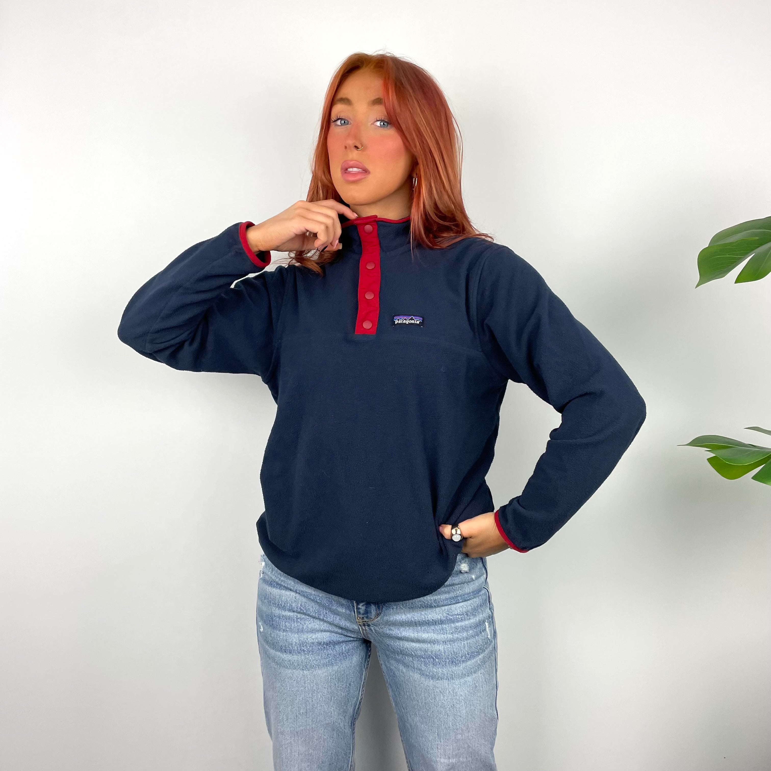 Patagonia RARE Navy Embroidered Spell Out Teddy Bear Fleece Button Sweatshirt (S)