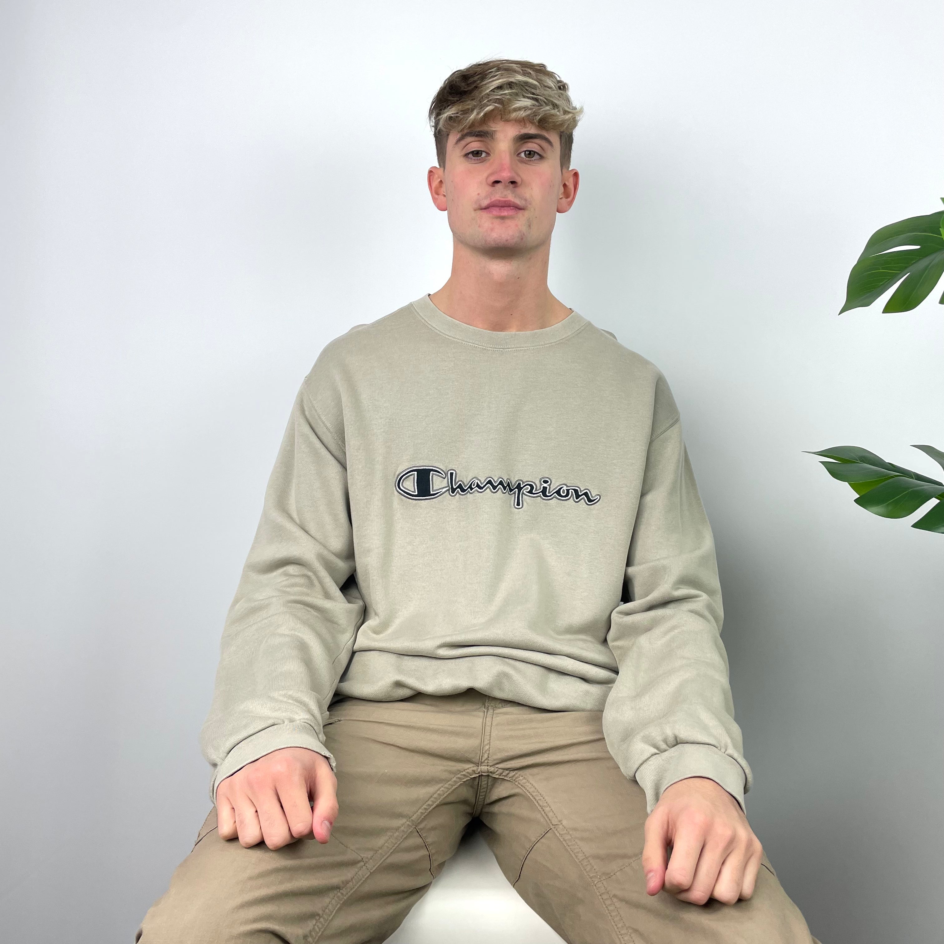 Champion Tan Beige Embroidered Spell Out Sweatshirt (XXL)