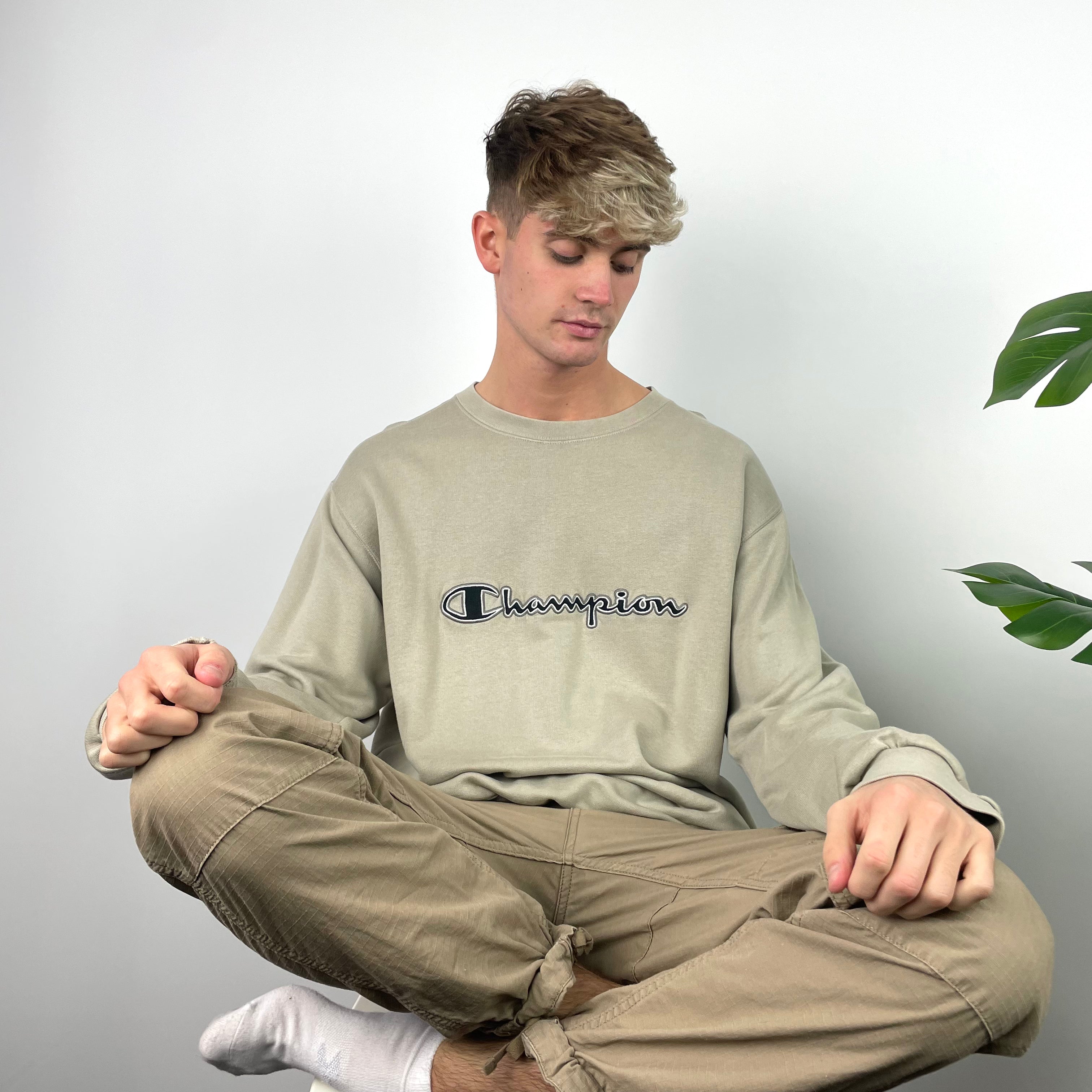 Champion Tan Beige Embroidered Spell Out Sweatshirt (XXL)