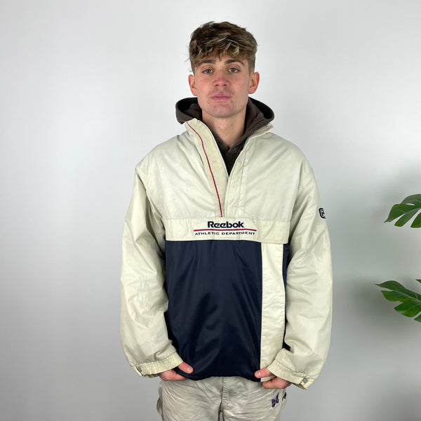 Reebok RARE Cream and Navy Embroidered Spell Out Padded Jacket (L)