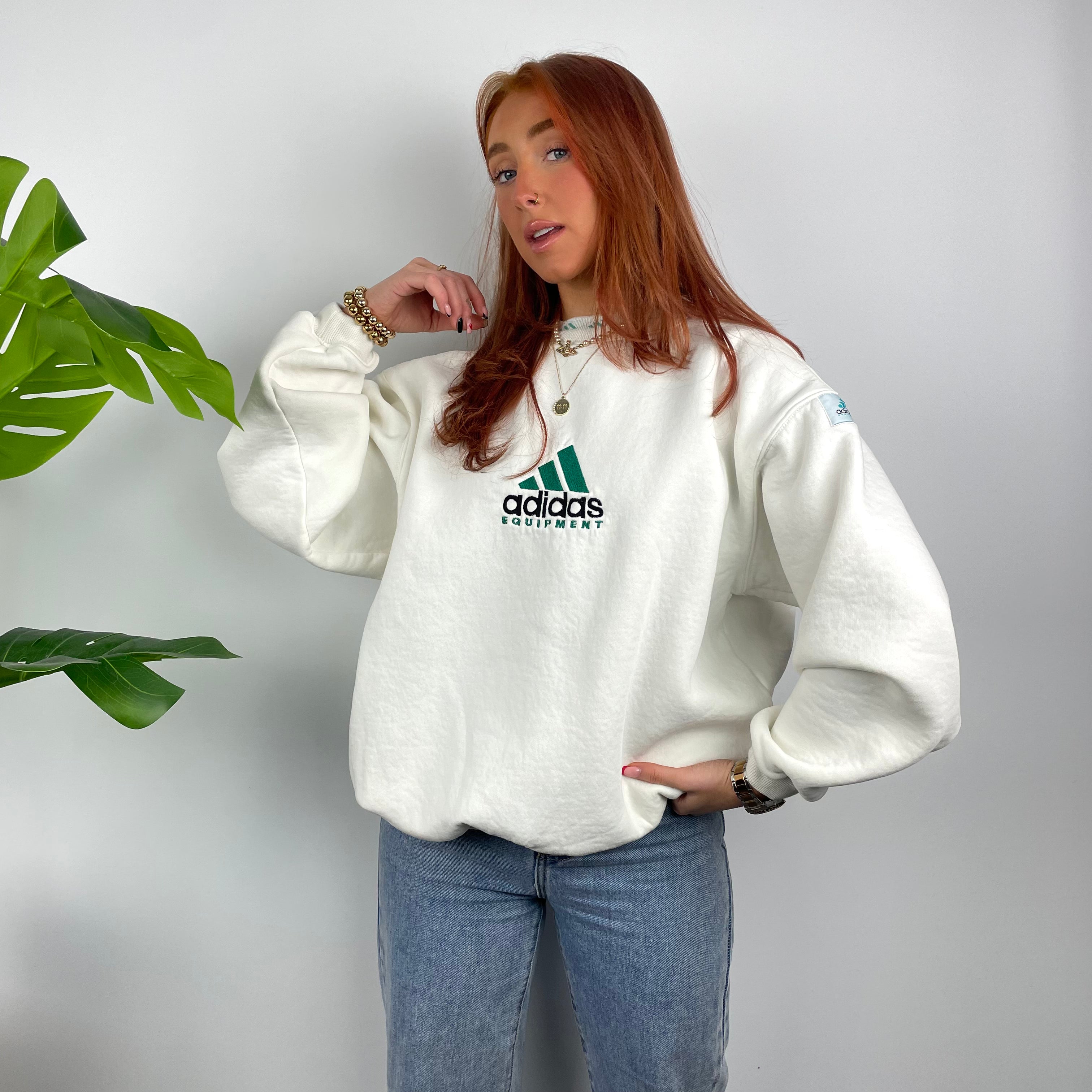 Adidas Equipment RARE White Embroidered Spell Out Sweatshirt as worn by Annalivia Hynds (S)