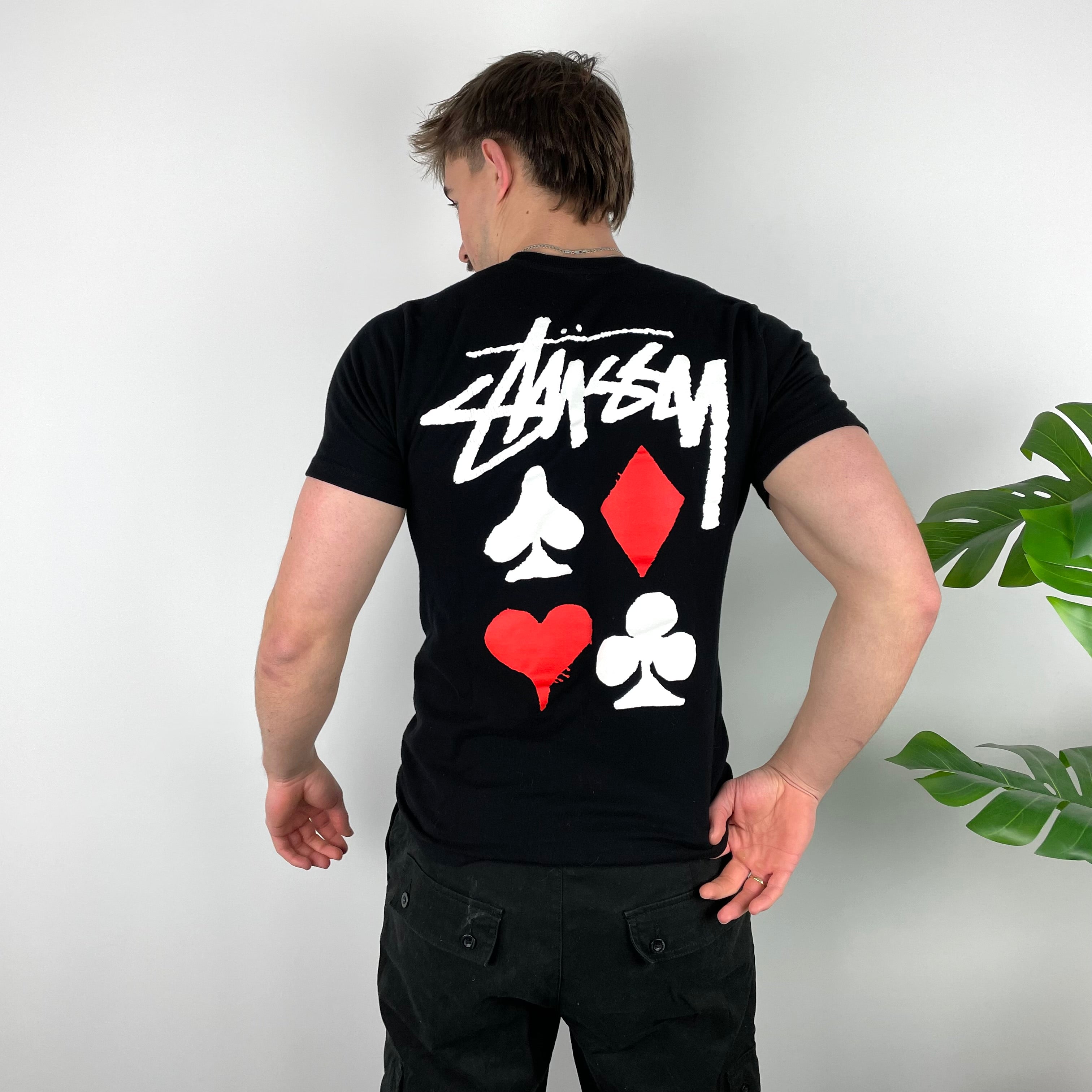 Stussy Deck of Card RARE Black Spell Out T Shirt (S)