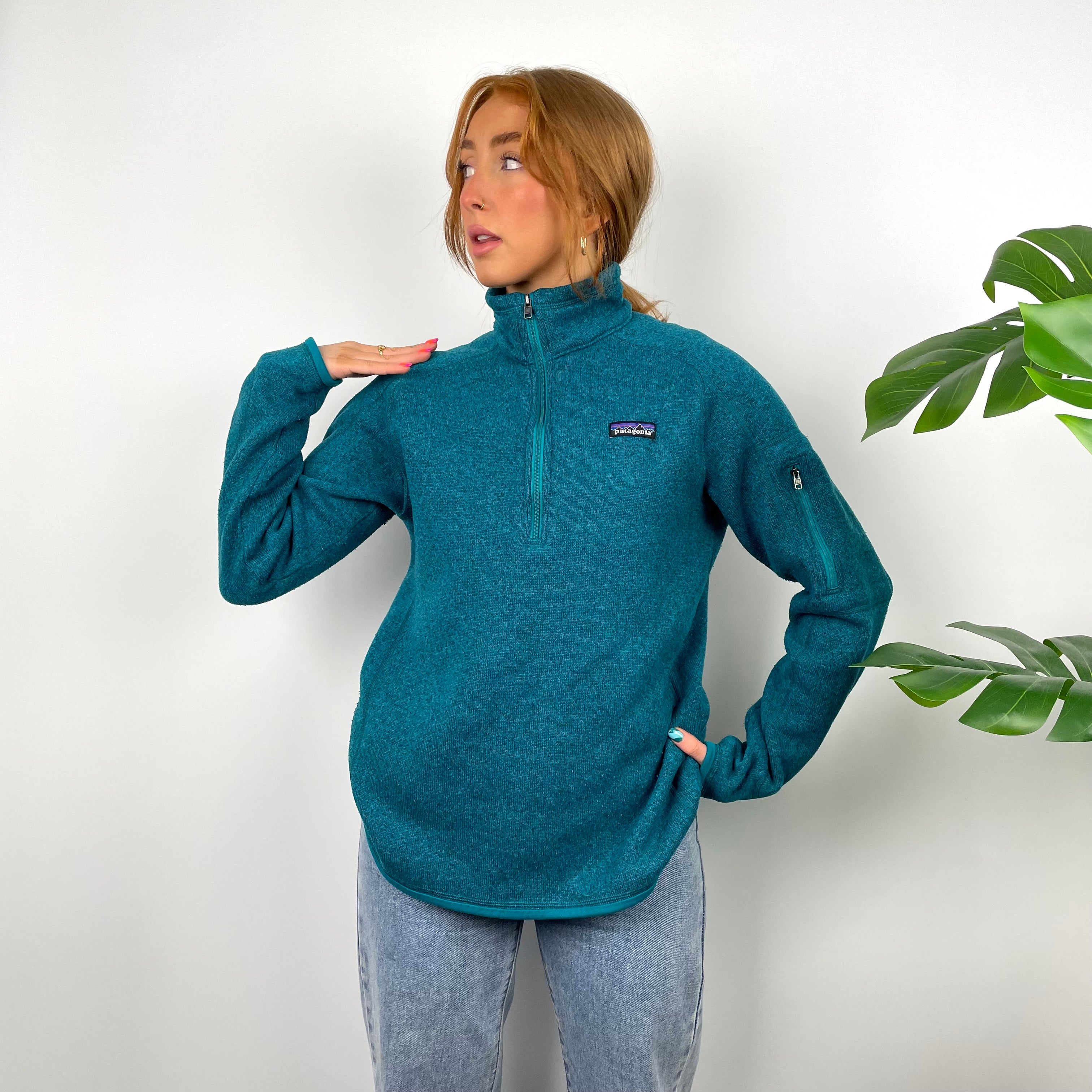 Patagonia RARE Turquoise Green Embroidered Spell Out Quarter Zip Sweatshirt (M)